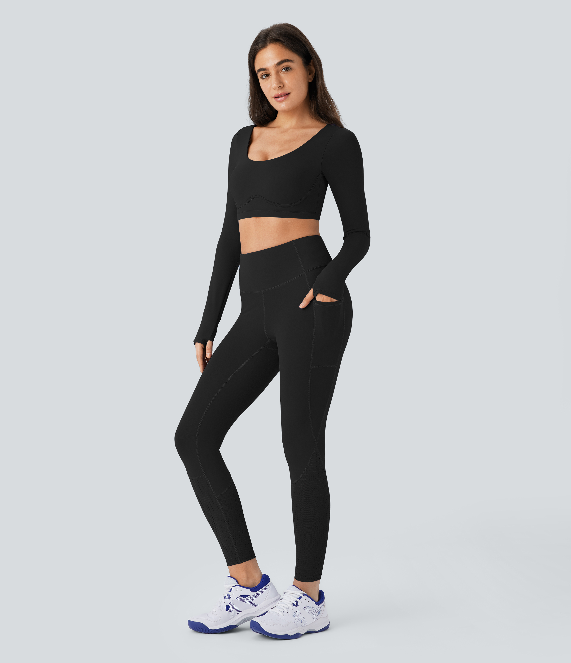Halara Softlyzeroв„ў SoCinched High Waisted Tummy Control Side Pocket Perforated 7/8 Yoga Leggings  - Black - S(7/8) gym leggings 