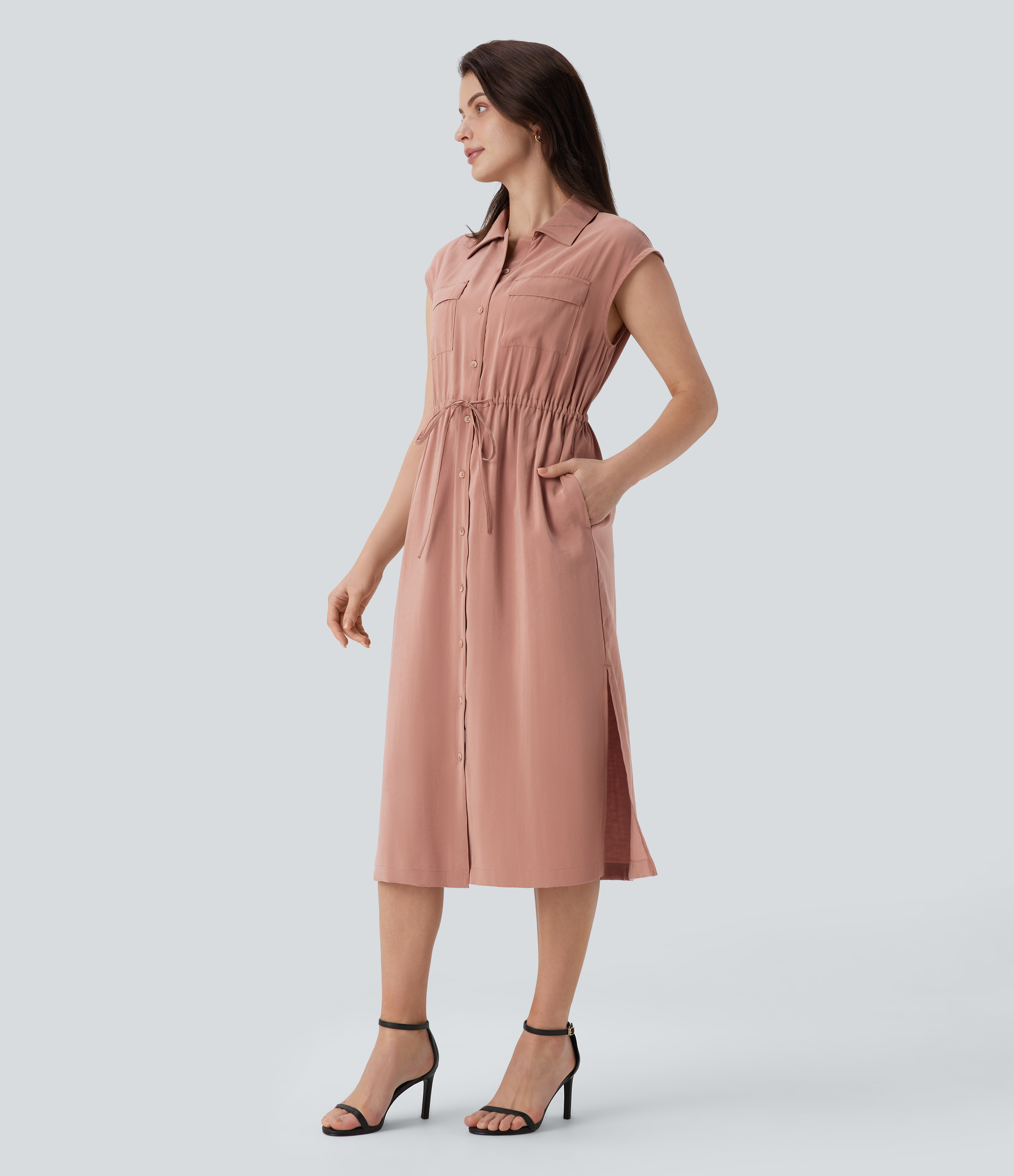 Halara Collared Sleeveless Multiple Pockets Drawstring Split Midi Work Shirt Dress Casual Dress - Praline - XS slip dress beach dress 