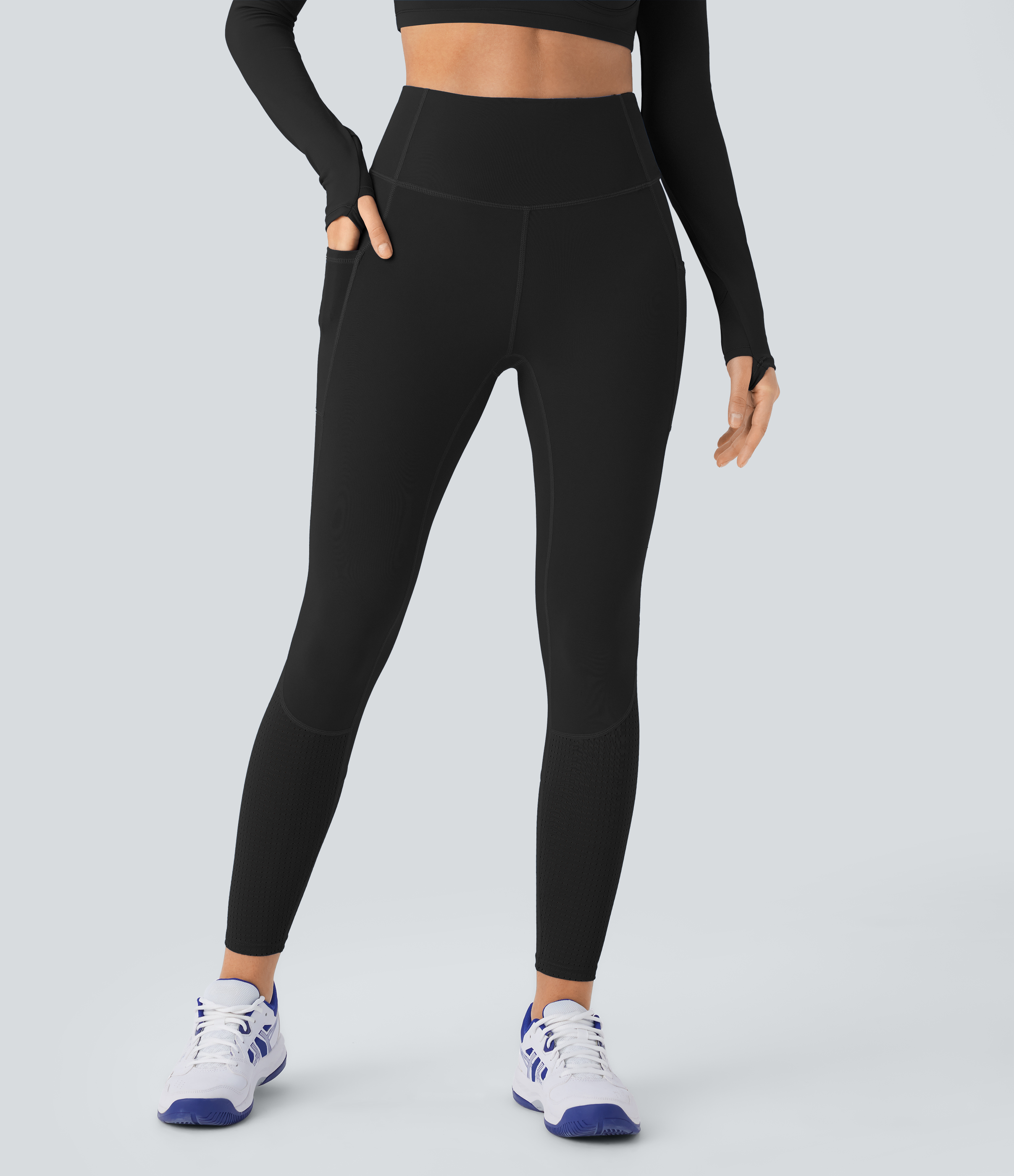 Halara Softlyzeroв„ў SoCinched High Waisted Tummy Control Side Pocket Perforated 7/8 Yoga Leggings  - Black - S(7/8) gym leggings 