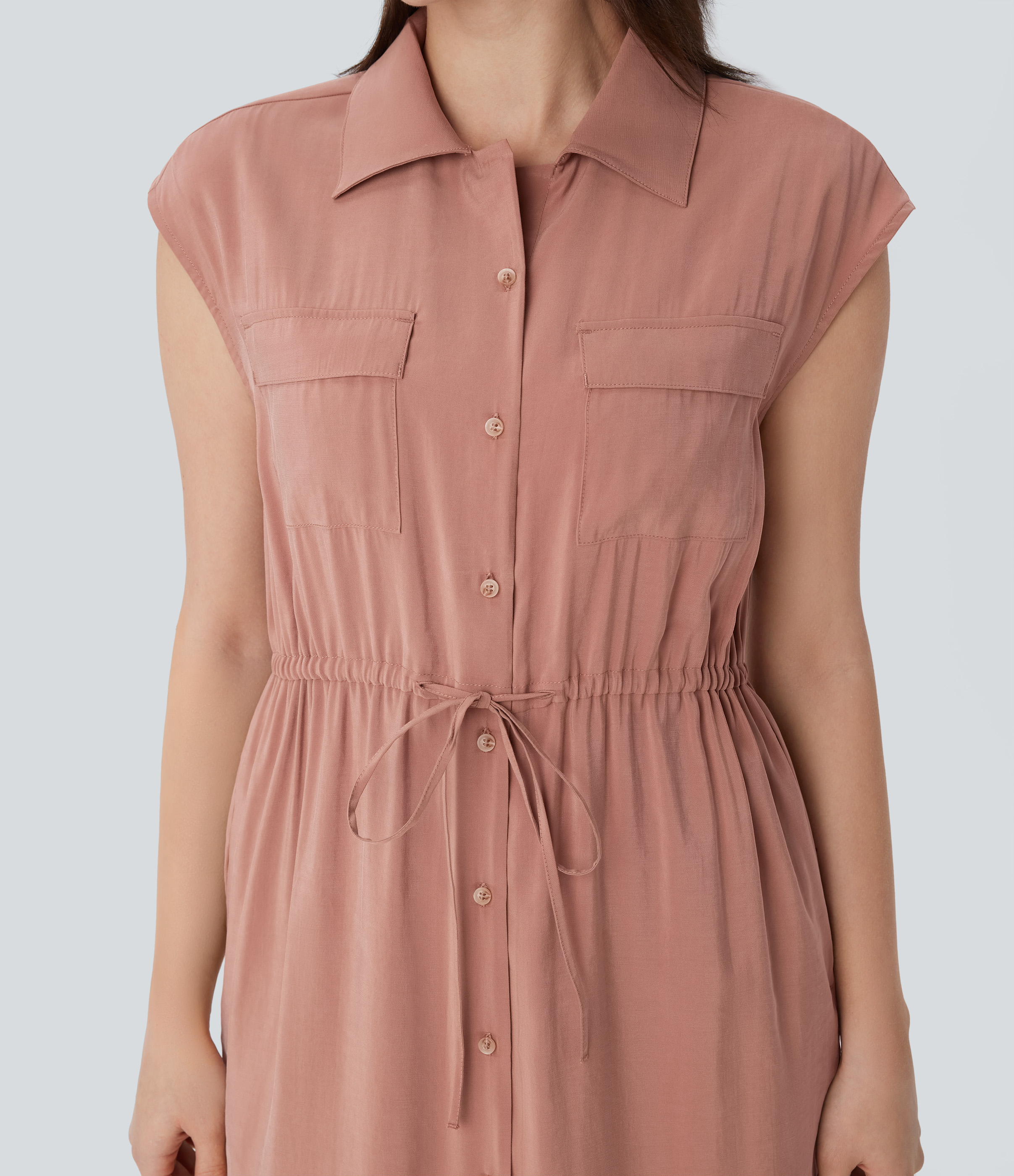 Halara Collared Sleeveless Multiple Pockets Drawstring Split Midi Work Shirt Dress Casual Dress - Praline - XS slip dress beach dress 