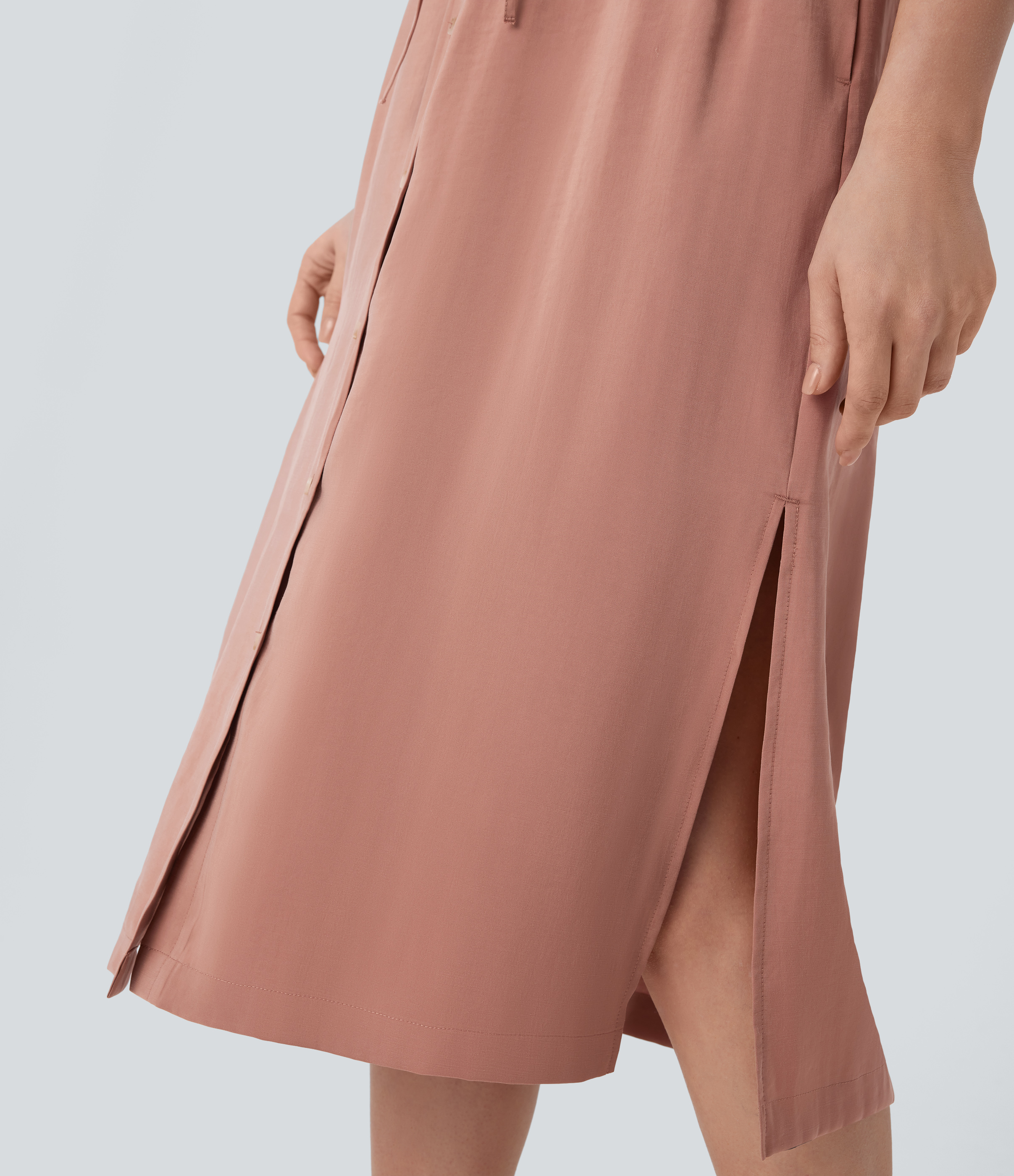 Halara Collared Sleeveless Multiple Pockets Drawstring Split Midi Work Shirt Dress Casual Dress - Praline - XS slip dress beach dress 