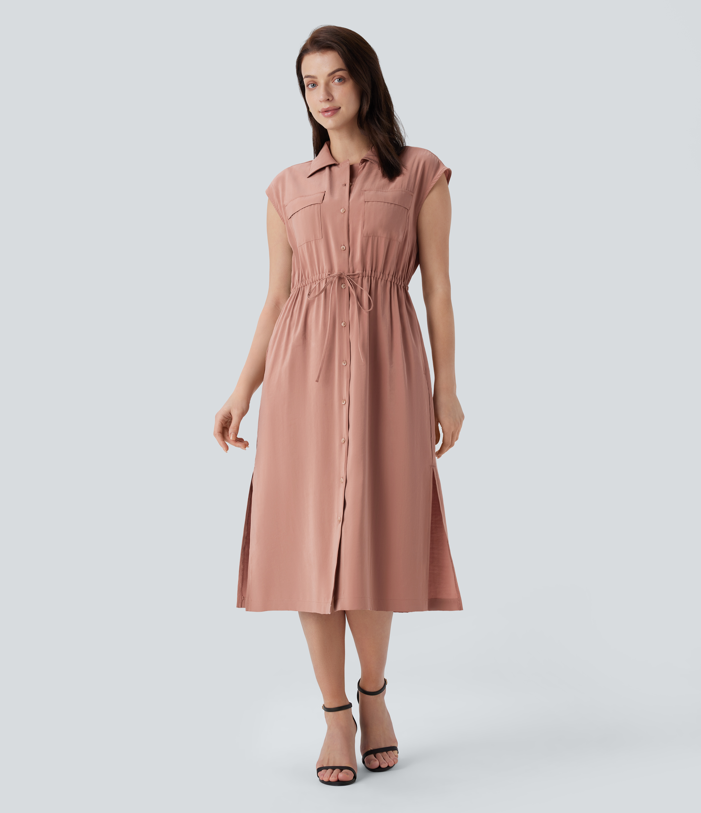 Halara Collared Sleeveless Multiple Pockets Drawstring Split Midi Work Shirt Dress Casual Dress - Praline - XS slip dress beach dress 