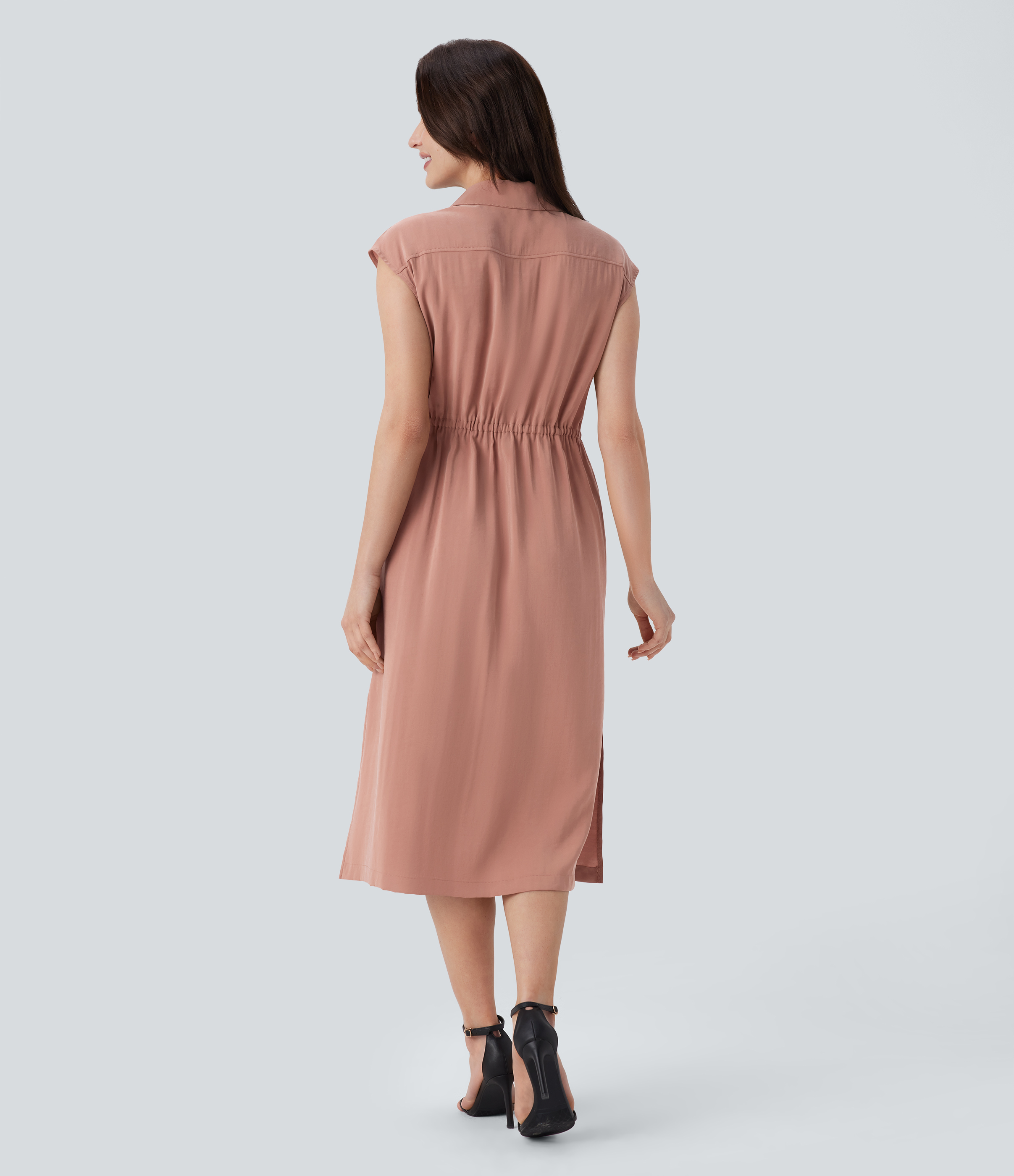 Halara Collared Sleeveless Multiple Pockets Drawstring Split Midi Work Shirt Dress Casual Dress - Praline - XS slip dress beach dress 
