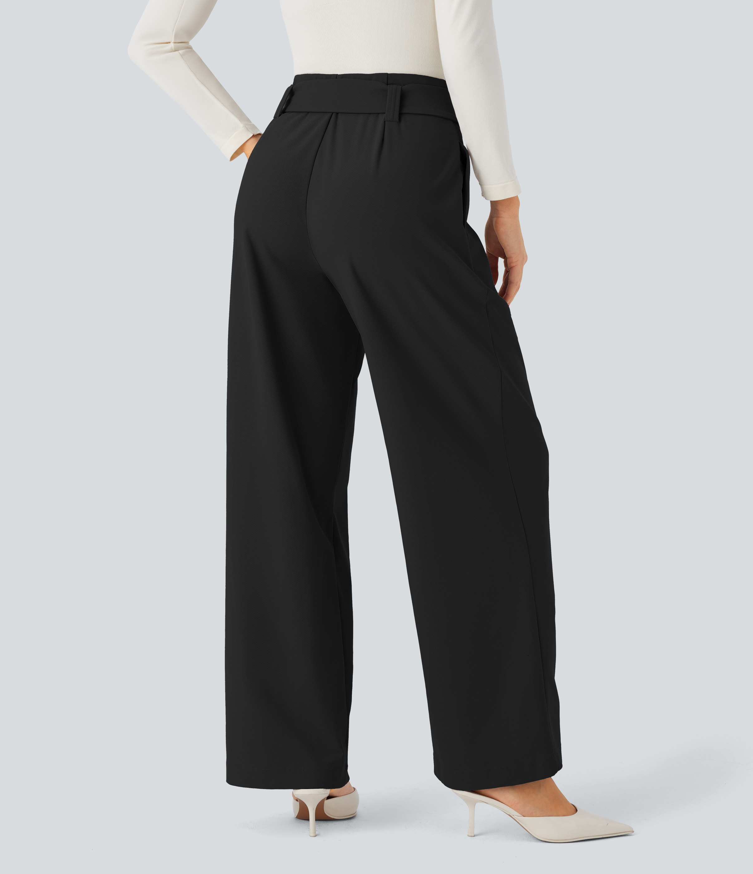 Halara Halara Flexв„ў High Waisted Belted Side Pocket Straight Leg Twill Work Pants  - Black - L(regular) sweatpants jogger pants 