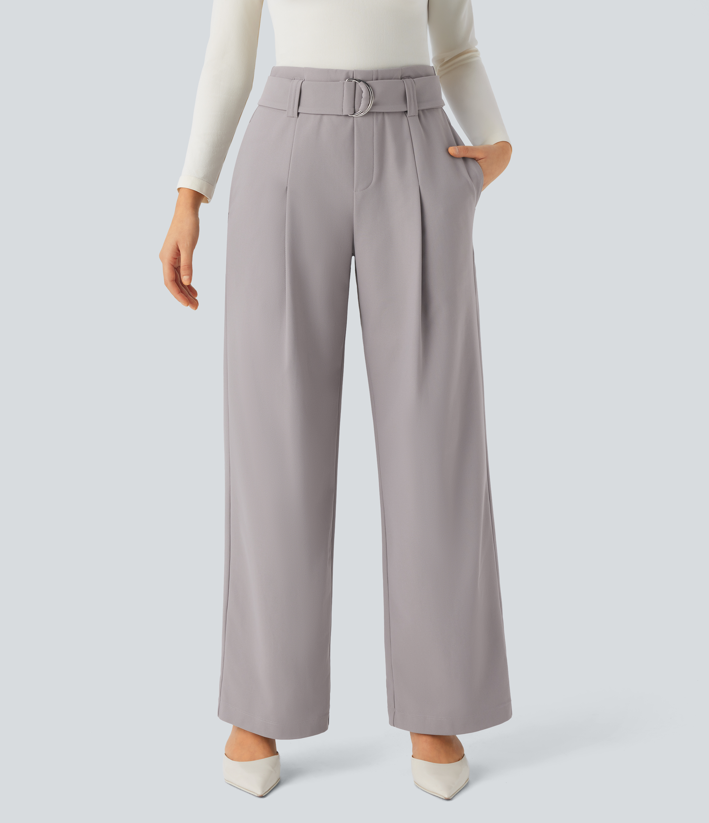 Halara Halara Flexв„ў High Waisted Belted Side Pocket Straight Leg Twill Work Pants  - Elephant Skin - S(regular) sweatpants jogger pants 