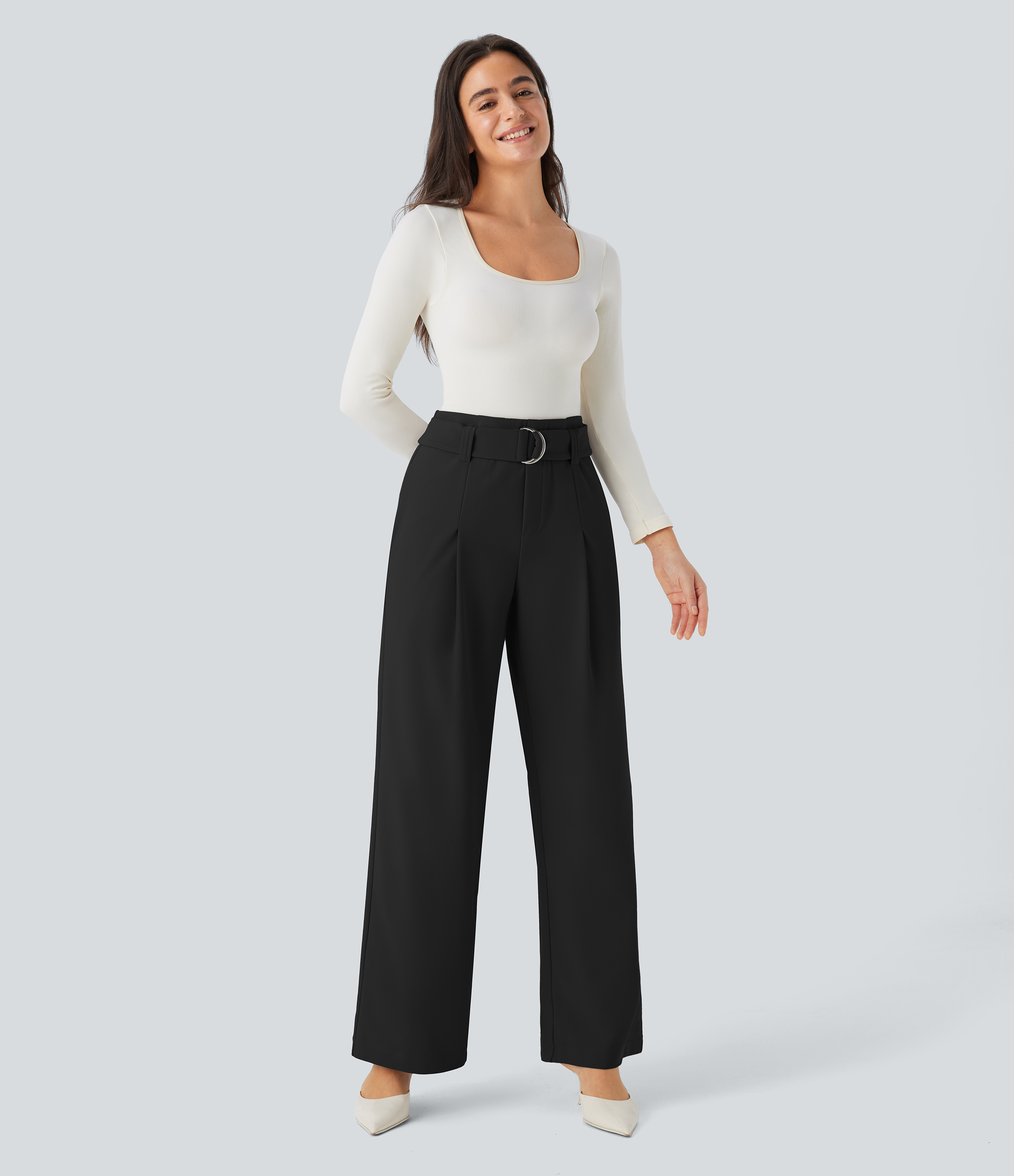 Halara Halara Flexв„ў High Waisted Belted Side Pocket Straight Leg Twill Work Pants  - Black - L(regular) sweatpants jogger pants 
