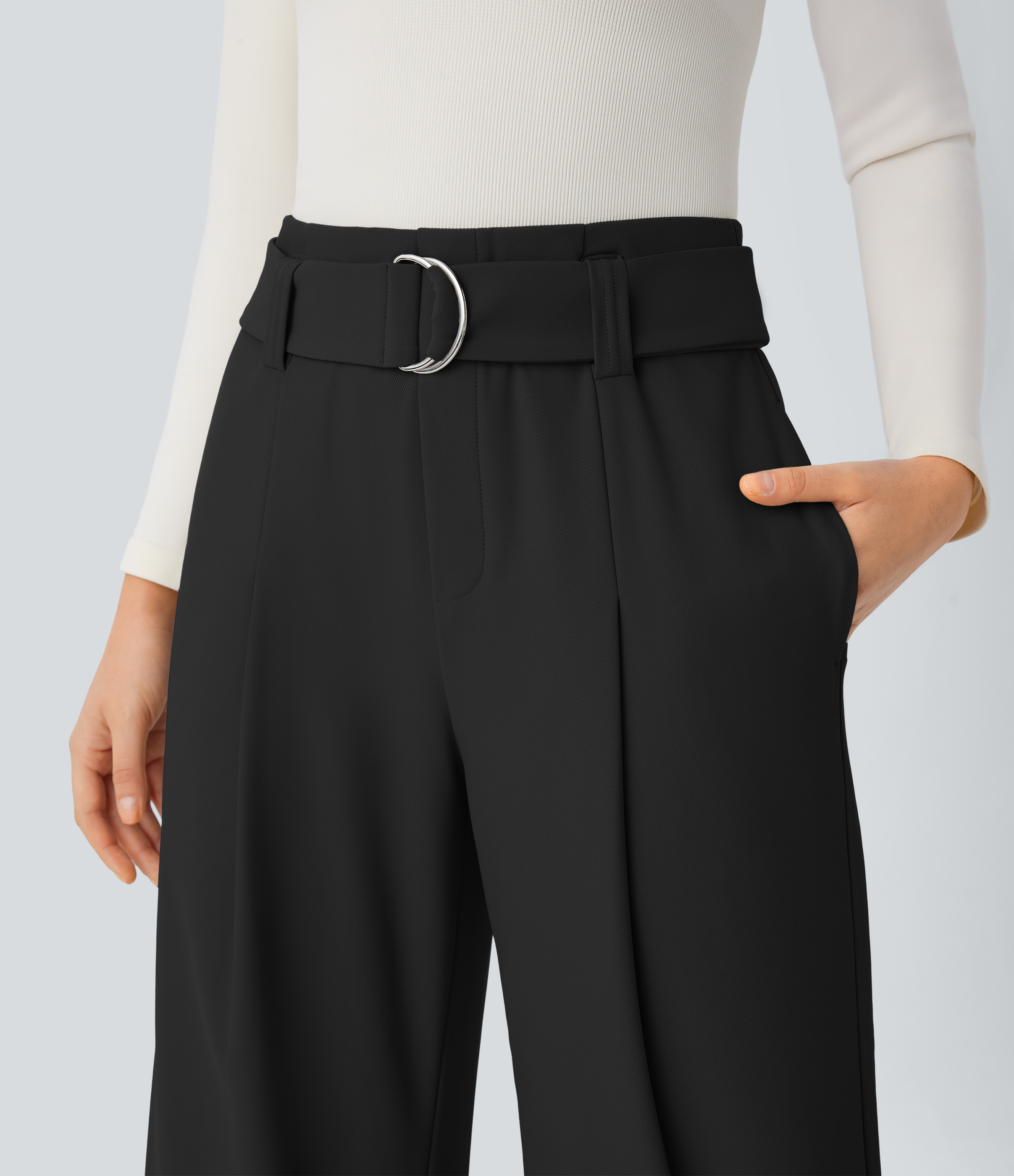 Halara Halara Flexв„ў High Waisted Belted Side Pocket Straight Leg Twill Work Pants  - Black - L(regular) sweatpants jogger pants 