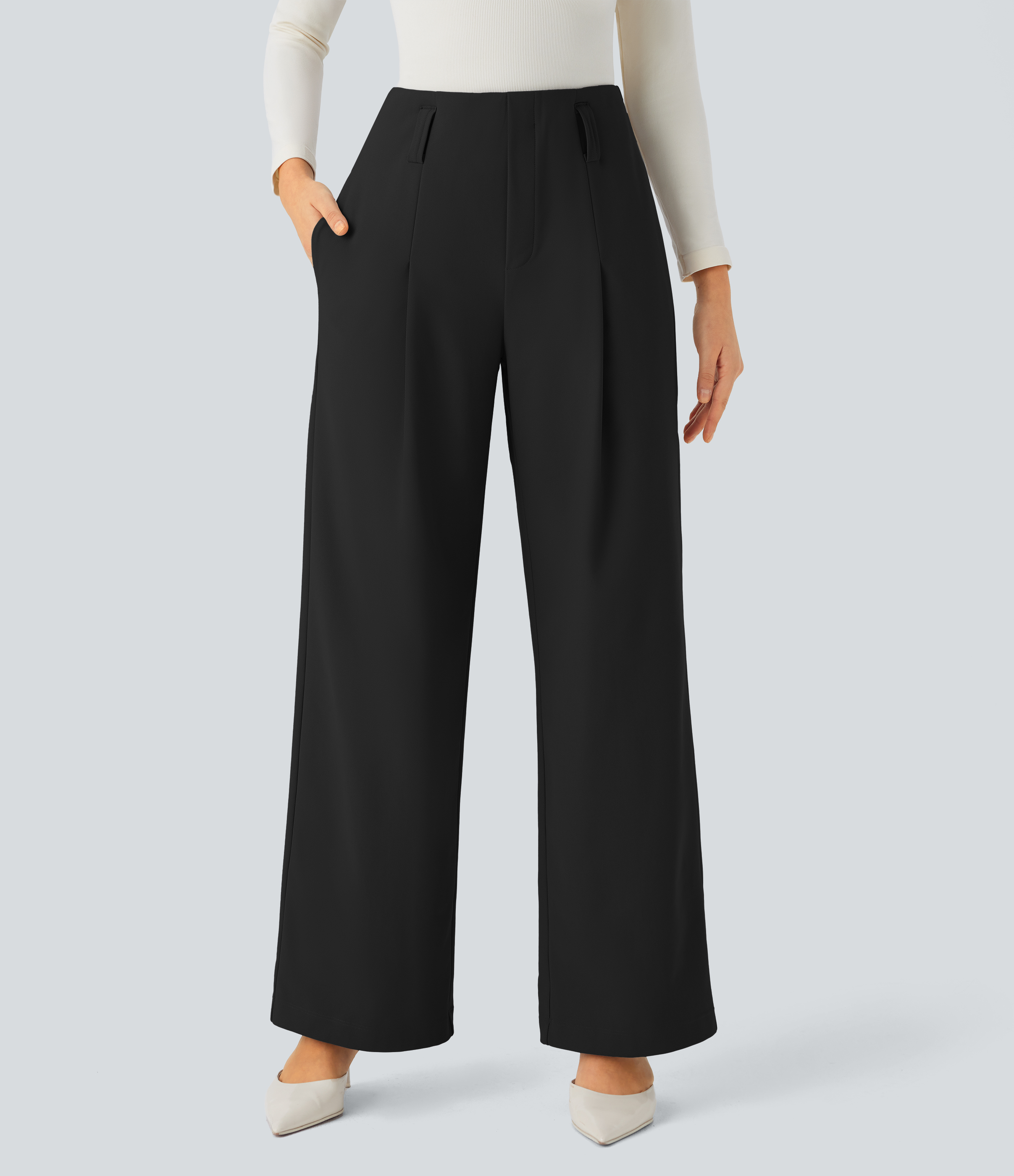 Halara Halara Flexв„ў High Waisted Belted Side Pocket Straight Leg Twill Work Pants  - Black - L(regular) sweatpants jogger pants 