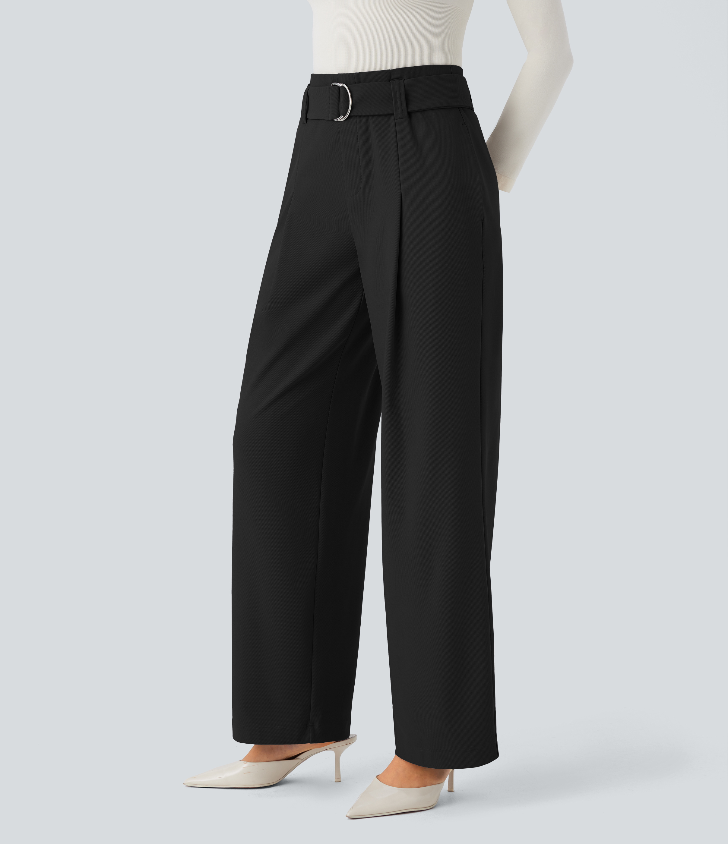 Halara Halara Flexв„ў High Waisted Belted Side Pocket Straight Leg Twill Work Pants  - Black - L(regular) sweatpants jogger pants 