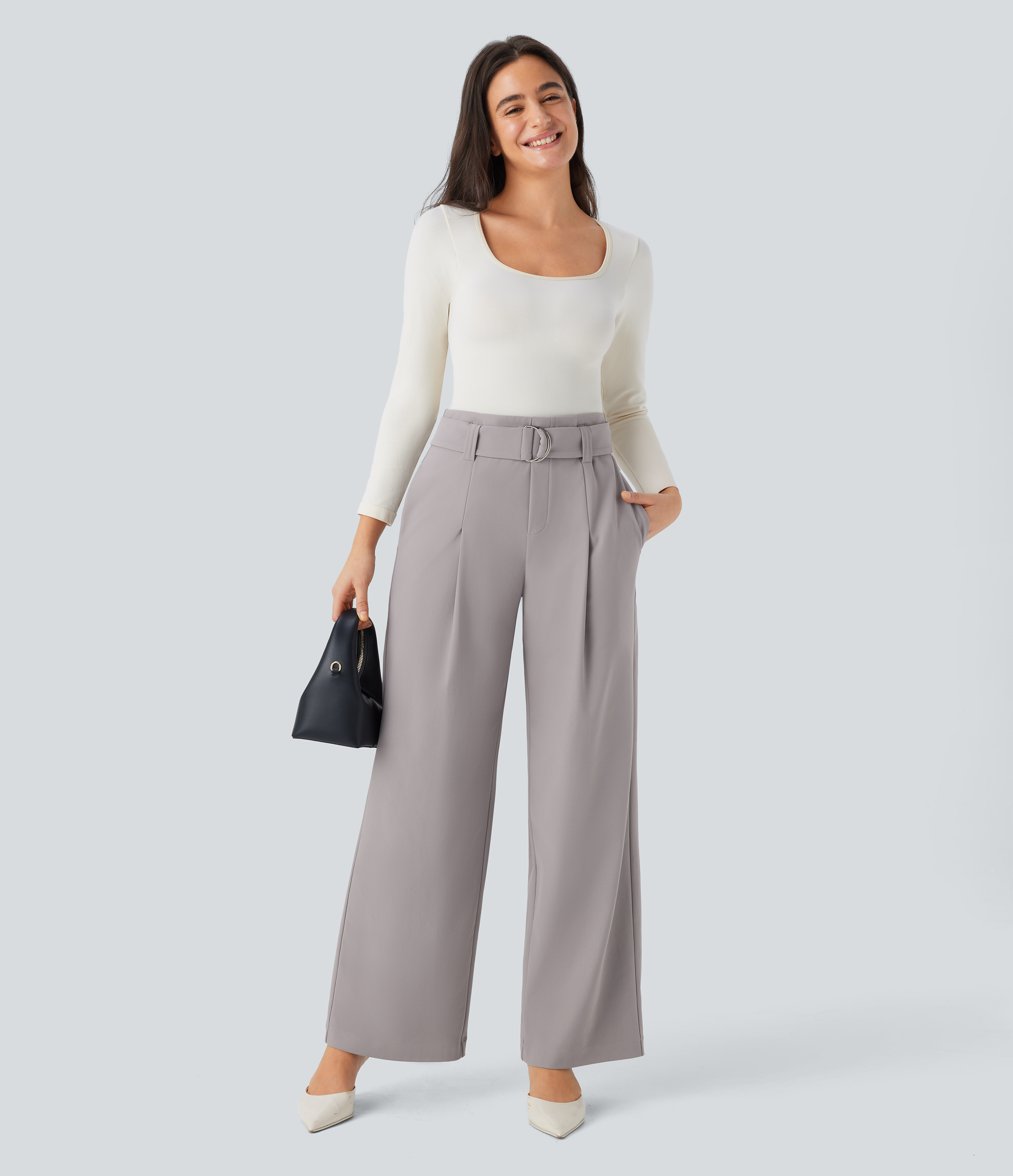 Halara Halara Flexв„ў High Waisted Belted Side Pocket Straight Leg Twill Work Pants  - Elephant Skin - S(regular) sweatpants jogger pants 