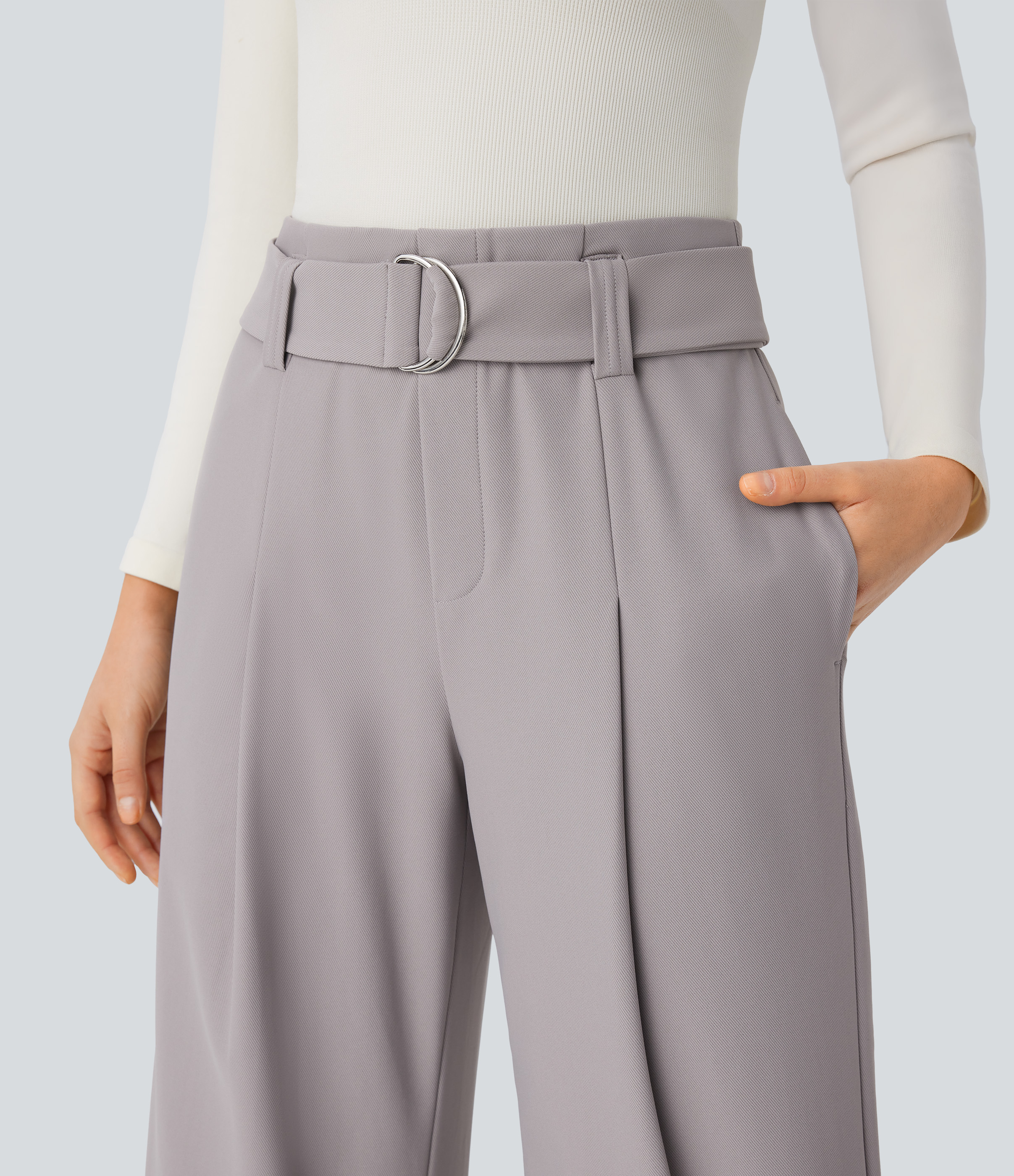 Halara Halara Flexв„ў High Waisted Belted Side Pocket Straight Leg Twill Work Pants  - Elephant Skin - S(regular) sweatpants jogger pants 