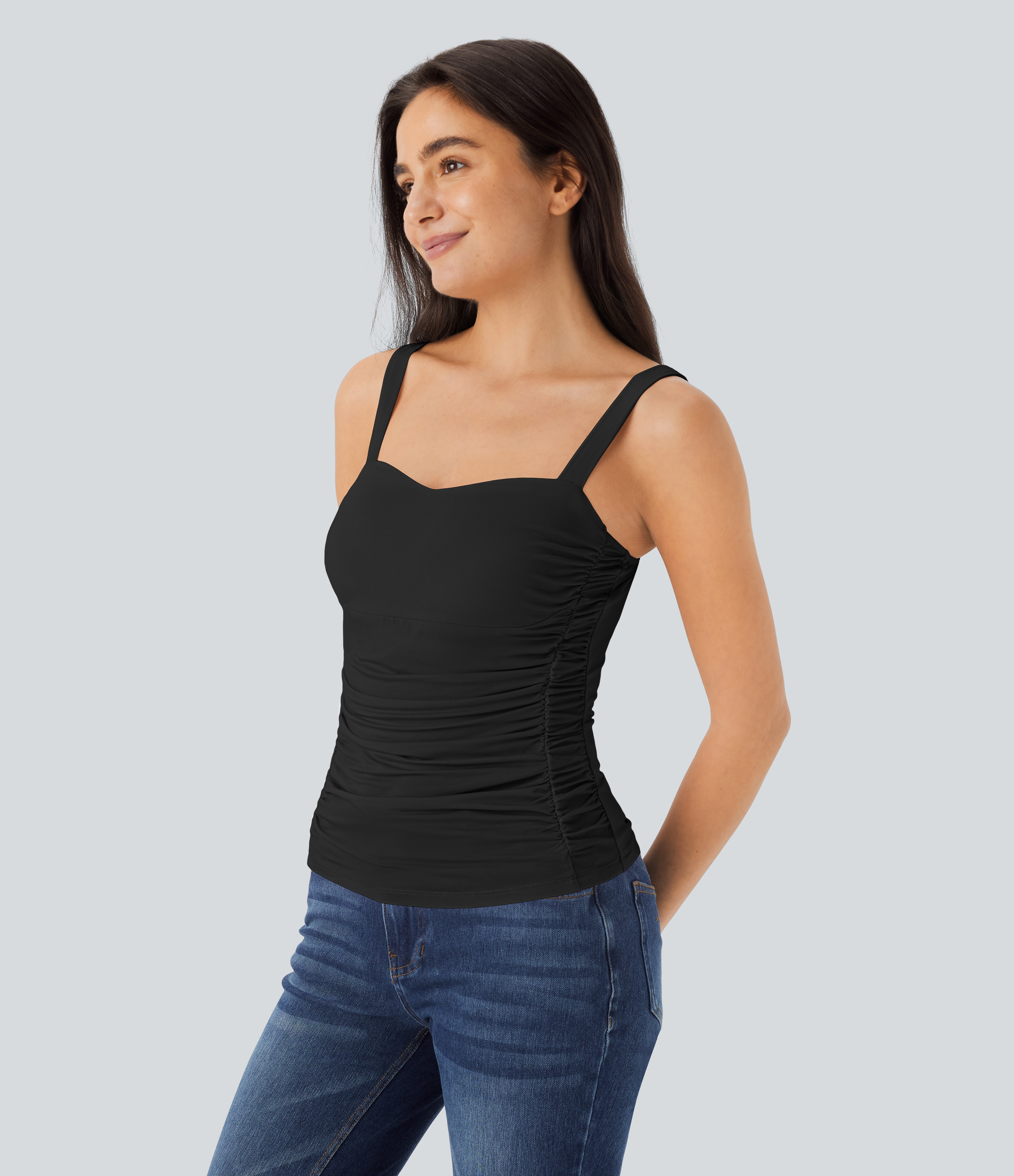 Halara Ruched Backless Casual Tank Top Tank Top - Black - XS golf tops halter top tunic tops sleeveless tops backless top 
