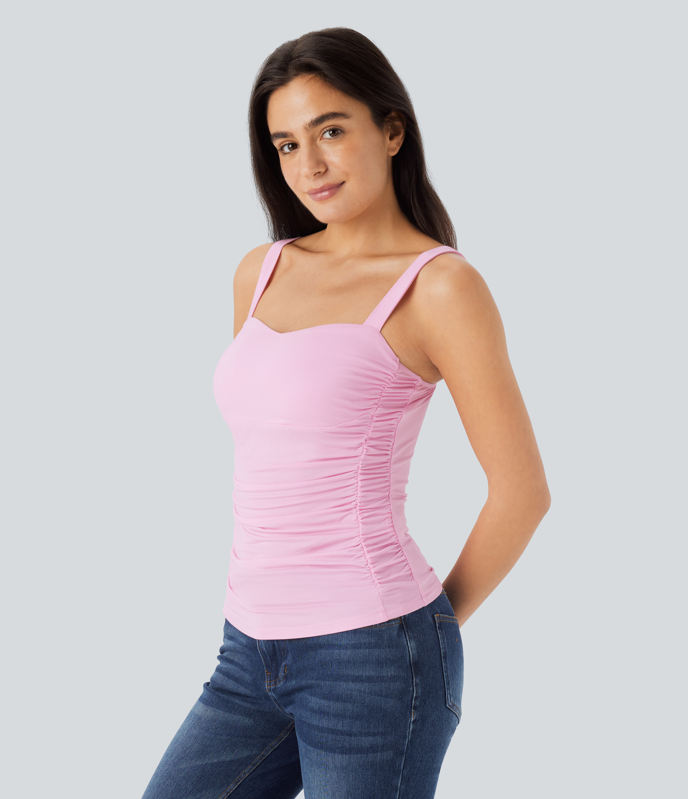 Halara Ruched Backless Casual Tank Top Tank Top - Pink Lady - XS golf tops halter top tunic tops sleeveless tops backless top 