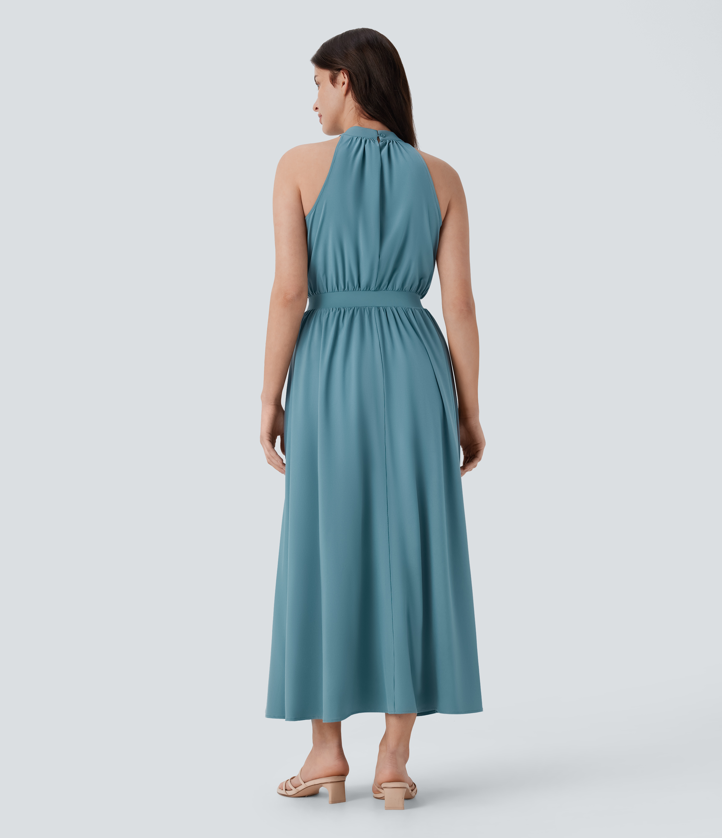 Halara Breezefulв„ў Sleeveless Keyhole Back Flowy Quick Dry Maxi Resort Dress Casual Dress - Stone Blue - L slip dress beach dress ruched dress 