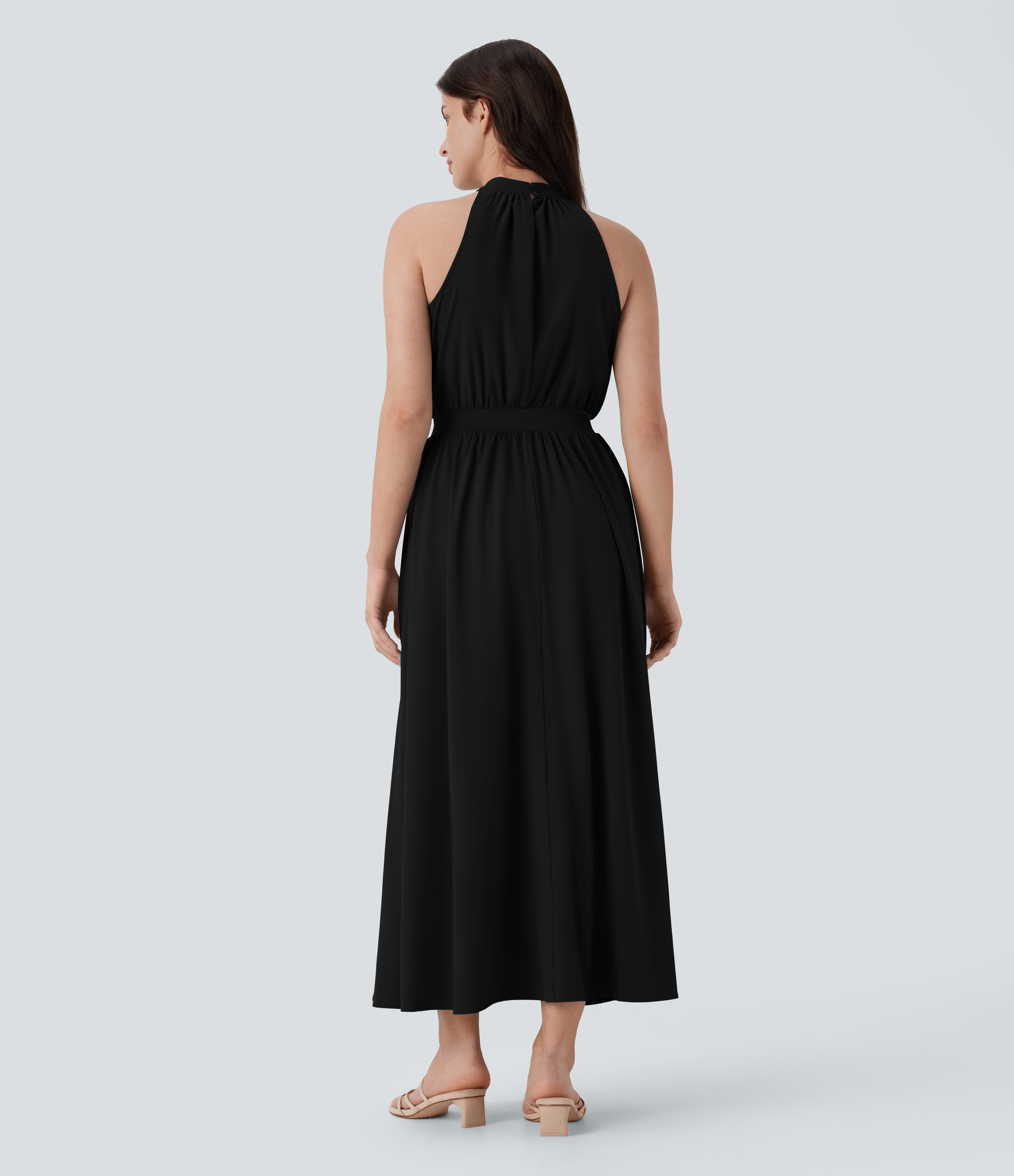 Schwarz Breezeful™ Ärmelloses Schlüsselloch-Rücken Fließendes Schnelltrocknendes Maxi-Kleid / 2