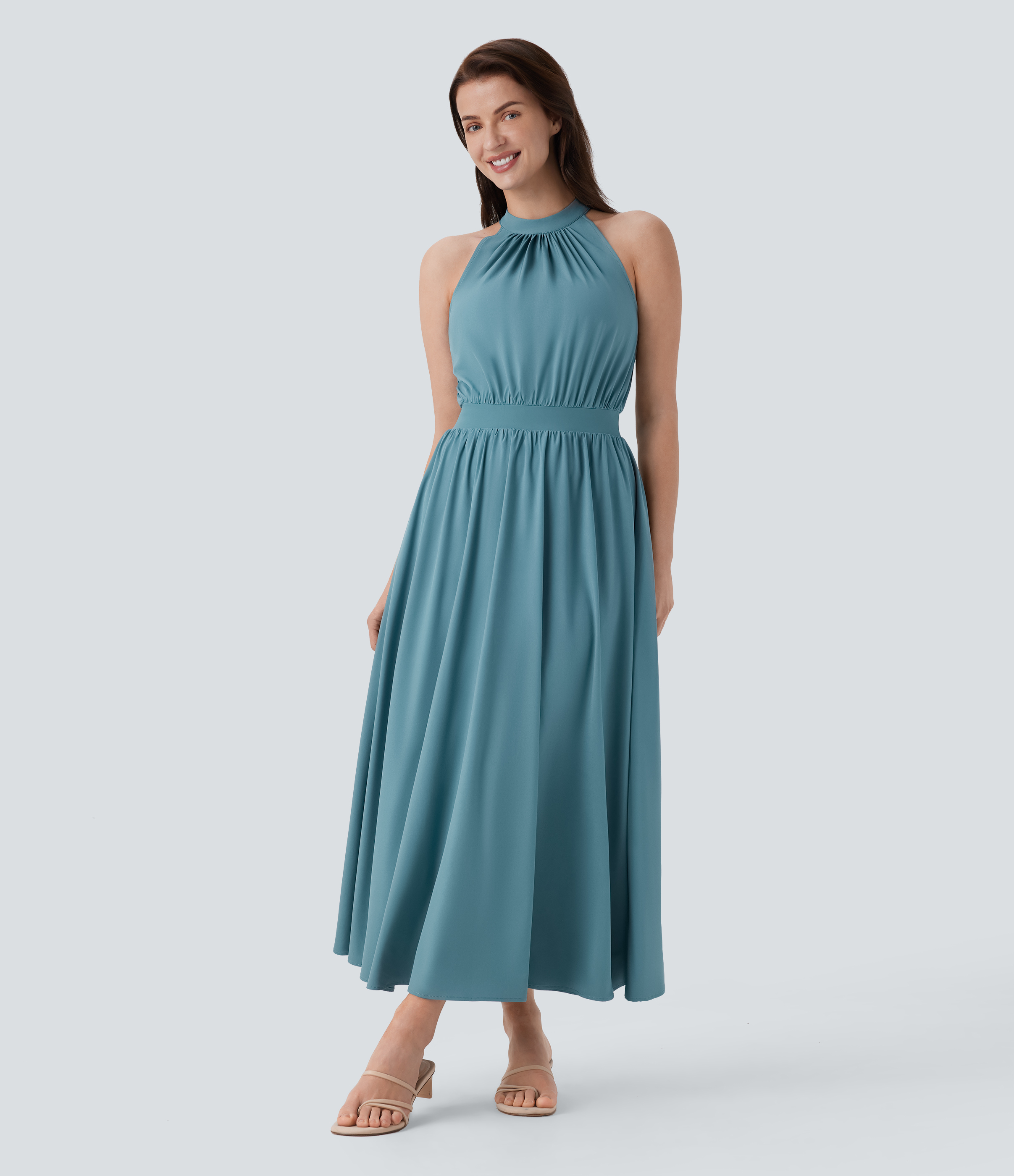 Halara Breezefulв„ў Sleeveless Keyhole Back Flowy Quick Dry Maxi Resort Dress Casual Dress - Stone Blue - L slip dress beach dress ruched dress 