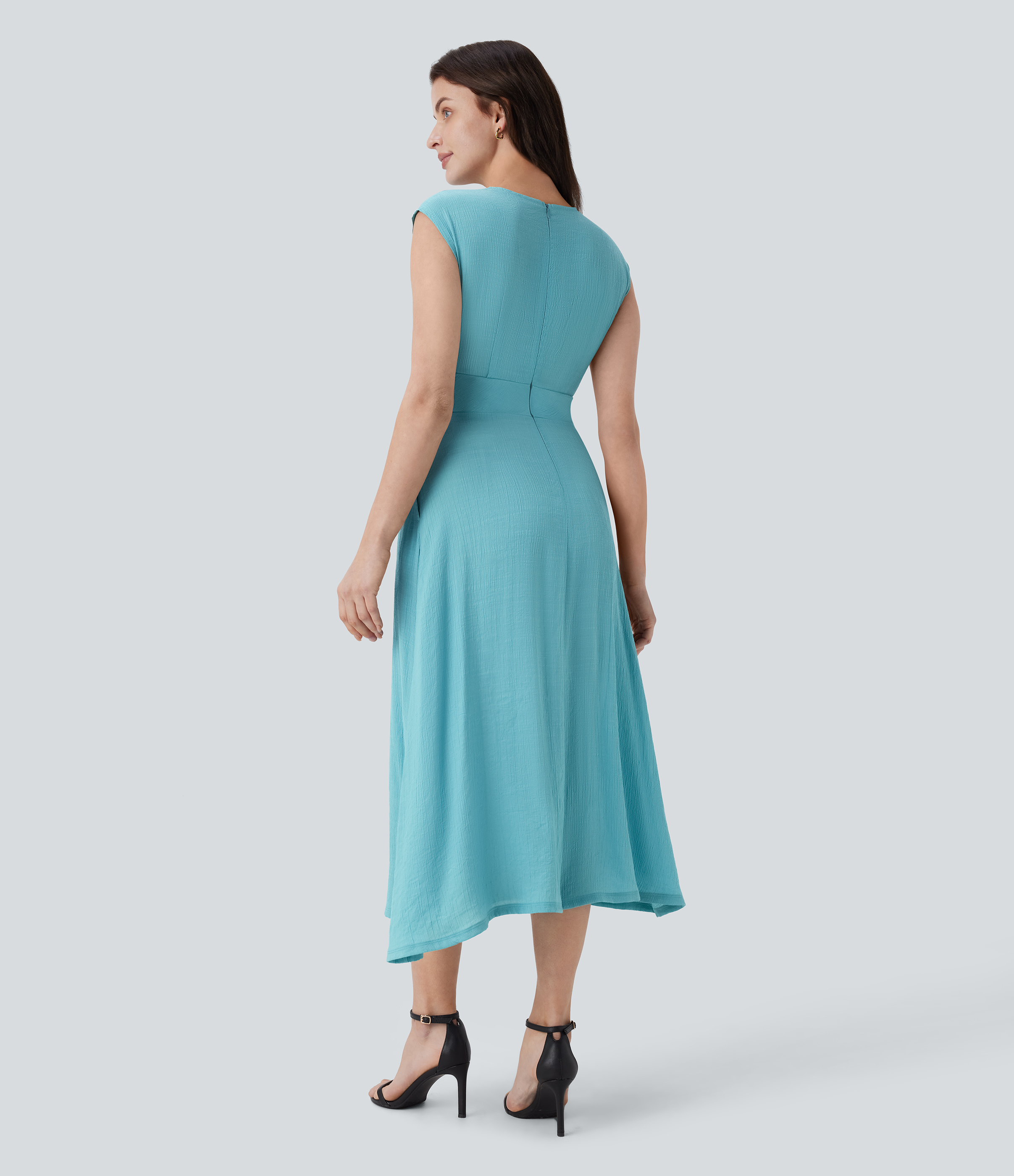 Halara V Neck Crossover Cap Sleeve Invisible Zipper Side Pocket Flowy Midi Work Dress Casual Dress - Nile Blue - S slip dress beach dress 