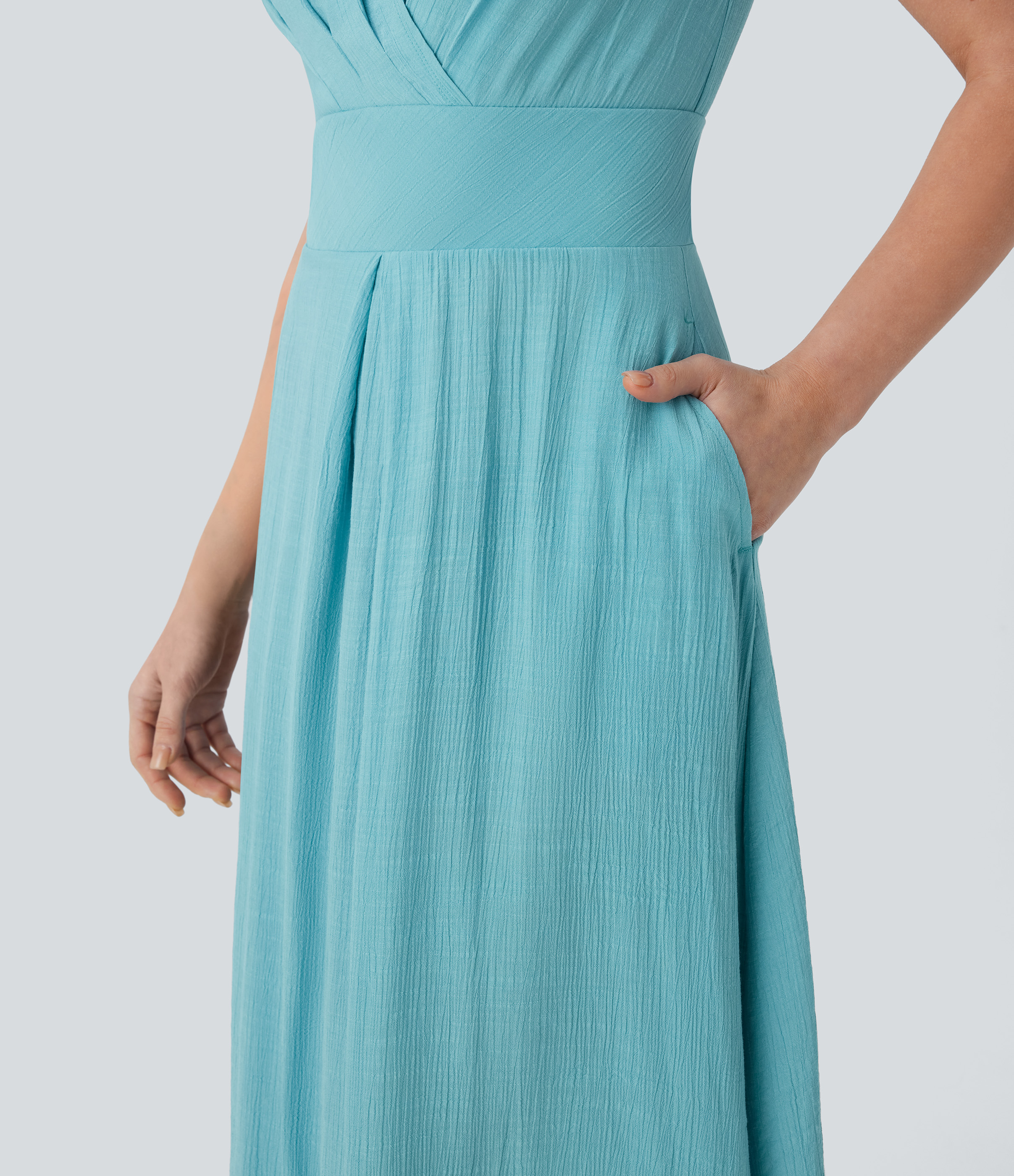 Halara V Neck Crossover Cap Sleeve Invisible Zipper Side Pocket Flowy Midi Work Dress Casual Dress - Nile Blue - S slip dress beach dress 