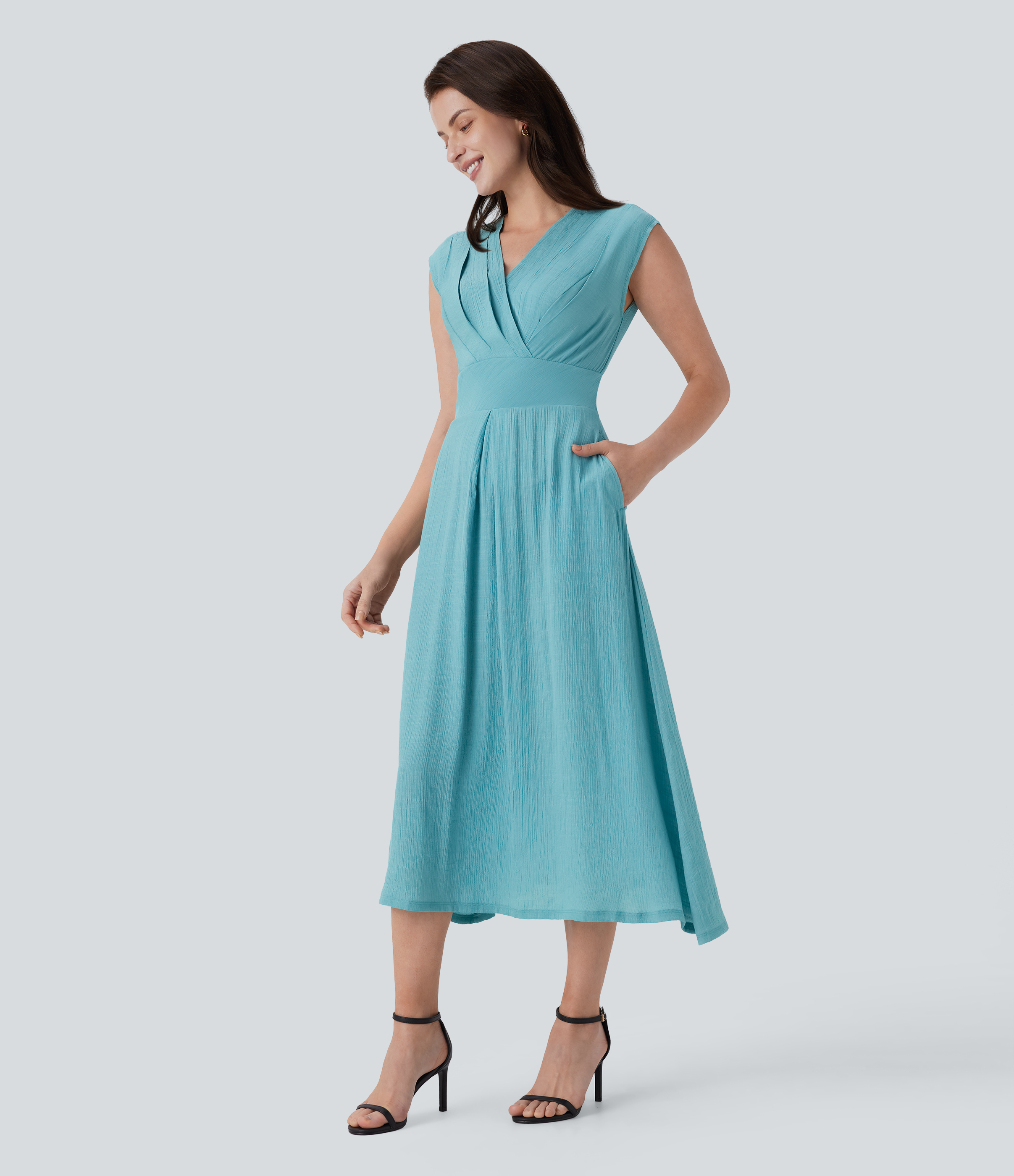 Halara V Neck Crossover Cap Sleeve Invisible Zipper Side Pocket Flowy Midi Work Dress Casual Dress - Nile Blue - S slip dress beach dress 