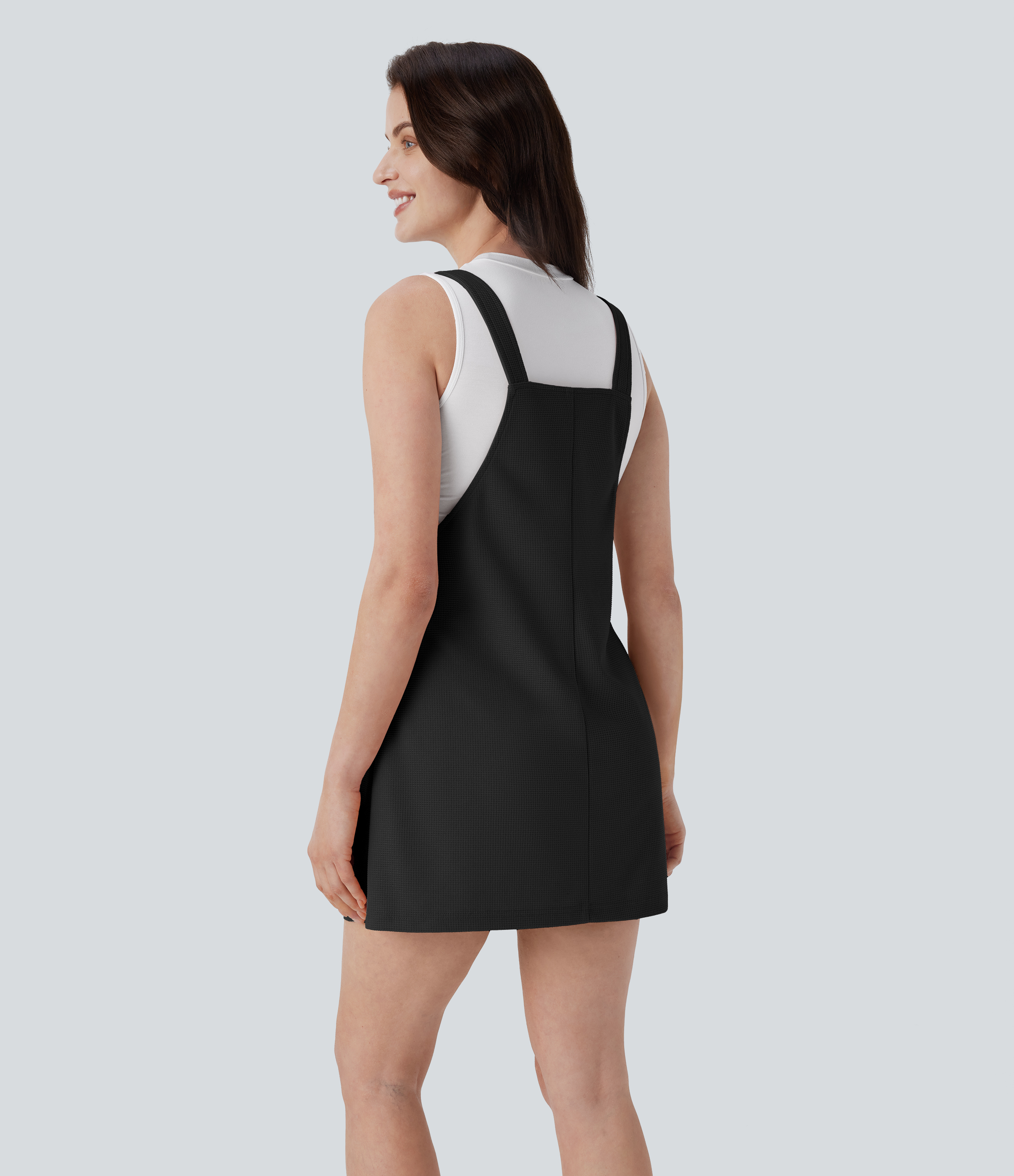 Halara Adjustable Strap Button Multiple Pockets Waffle Mini Casual Dress Casual Dress - Black - XS slip dress beach dress ruched dress 