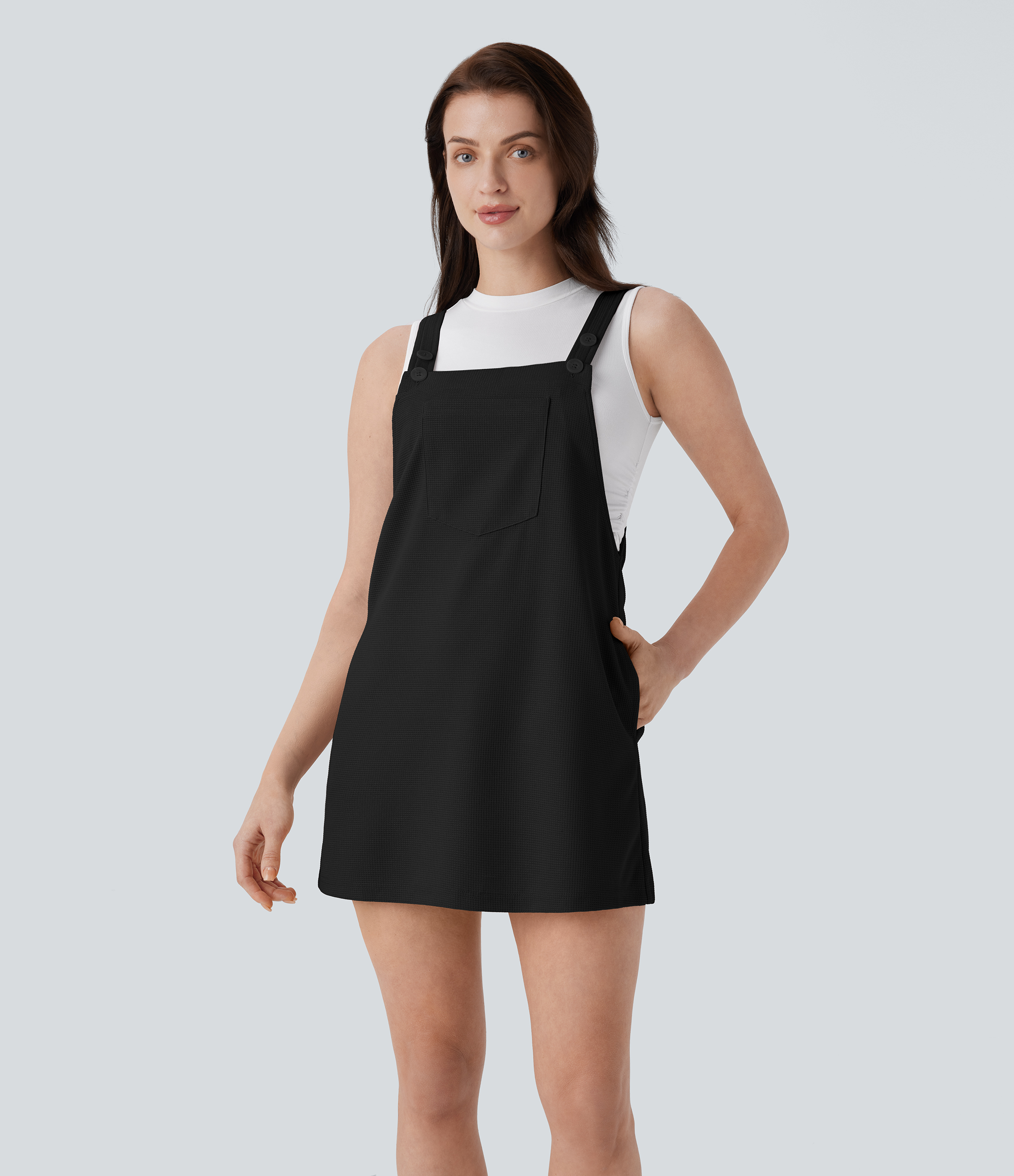 Halara Adjustable Strap Button Multiple Pockets Waffle Mini Casual Dress Casual Dress - Black - XS slip dress beach dress ruched dress 