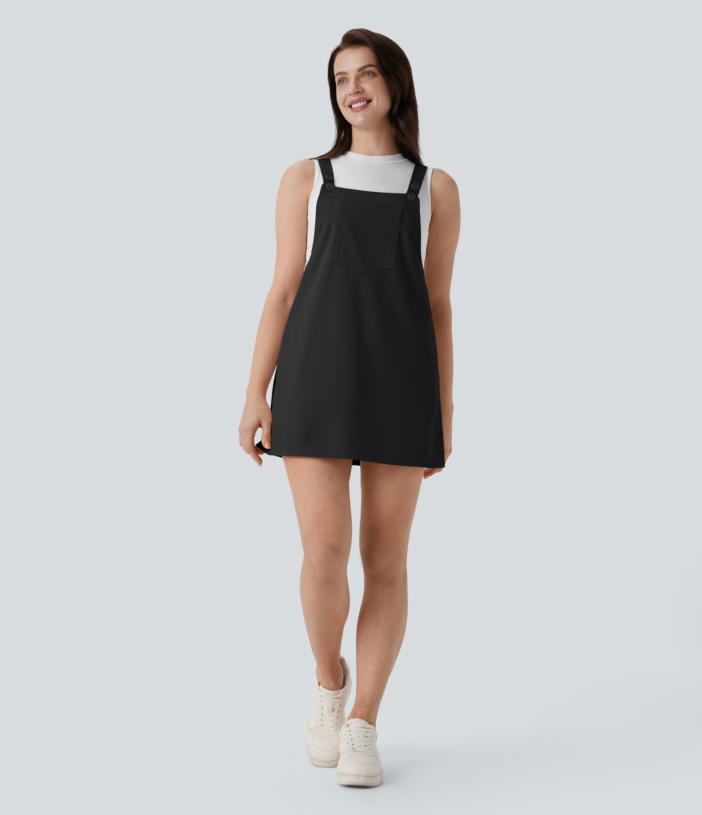 Halara Adjustable Strap Button Multiple Pockets Waffle Mini Casual Dress Casual Dress - Black - XS slip dress beach dress ruched dress 