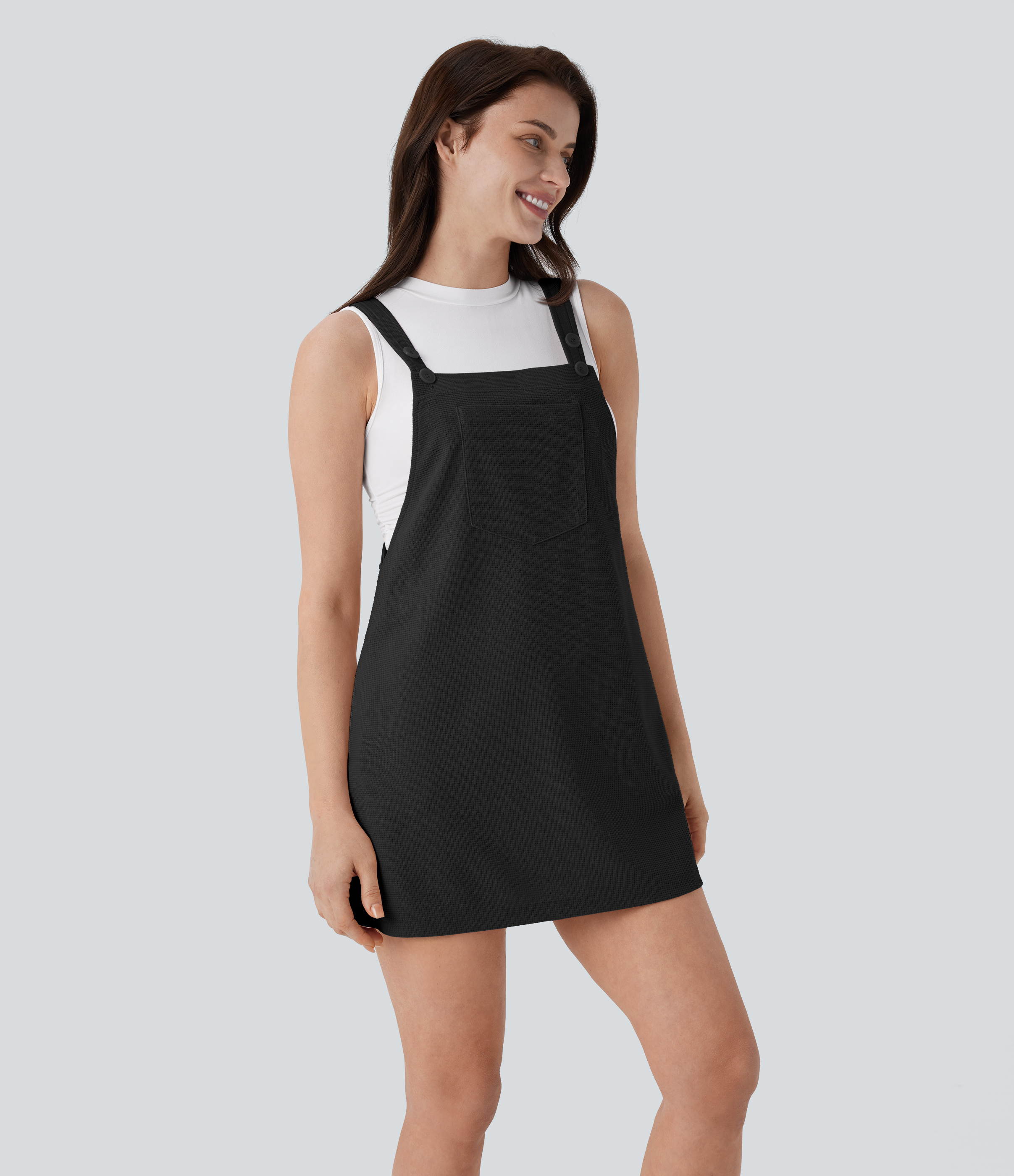Halara Adjustable Strap Button Multiple Pockets Waffle Mini Casual Dress Casual Dress - Black - XS slip dress beach dress ruched dress 