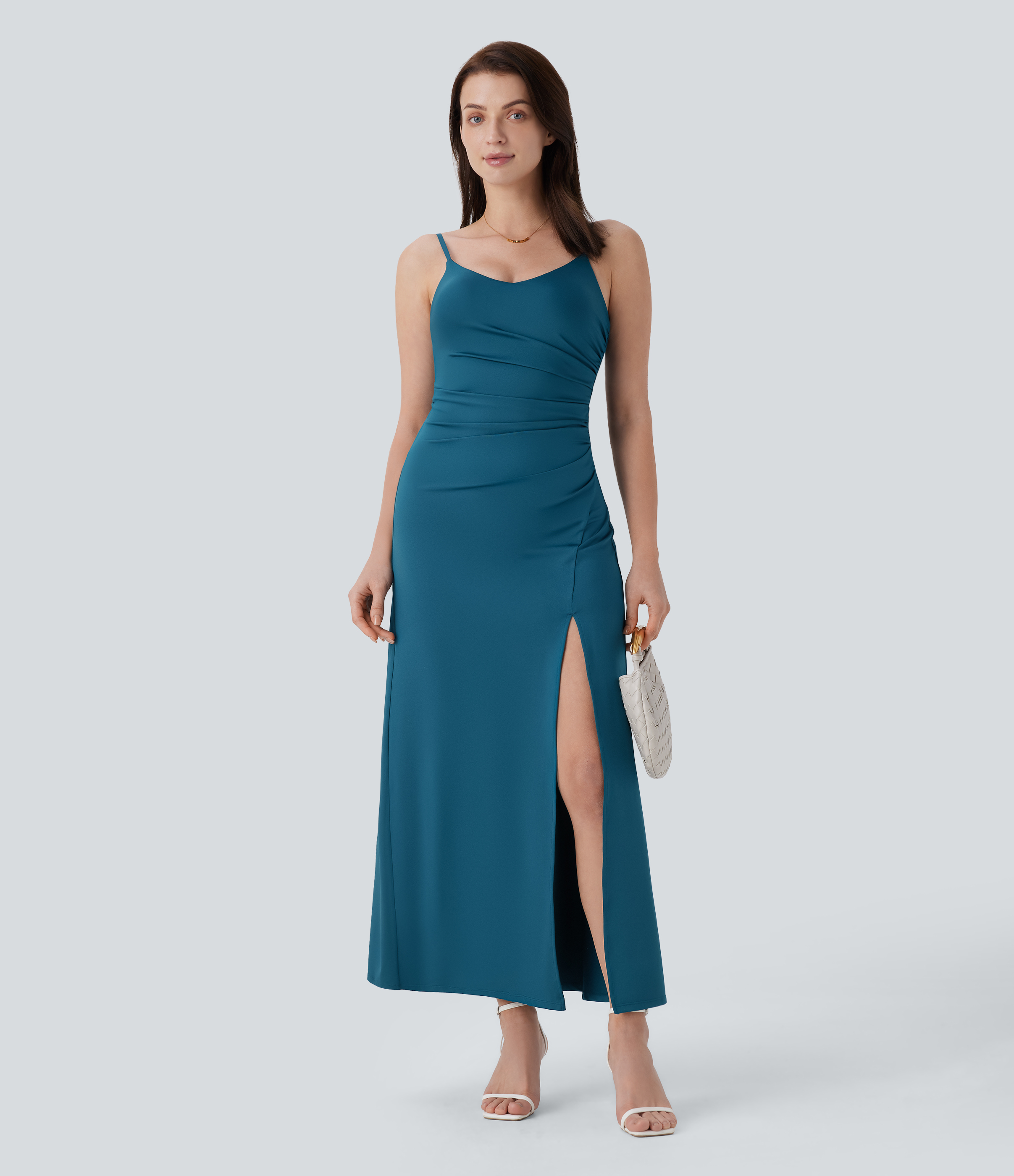 Halara Adjustable Strap Ruched Split Maxi Bridesmaid and Wedding Guest Dress Casual Dress - Balsam - XL slip dress beach dress ruched dress 