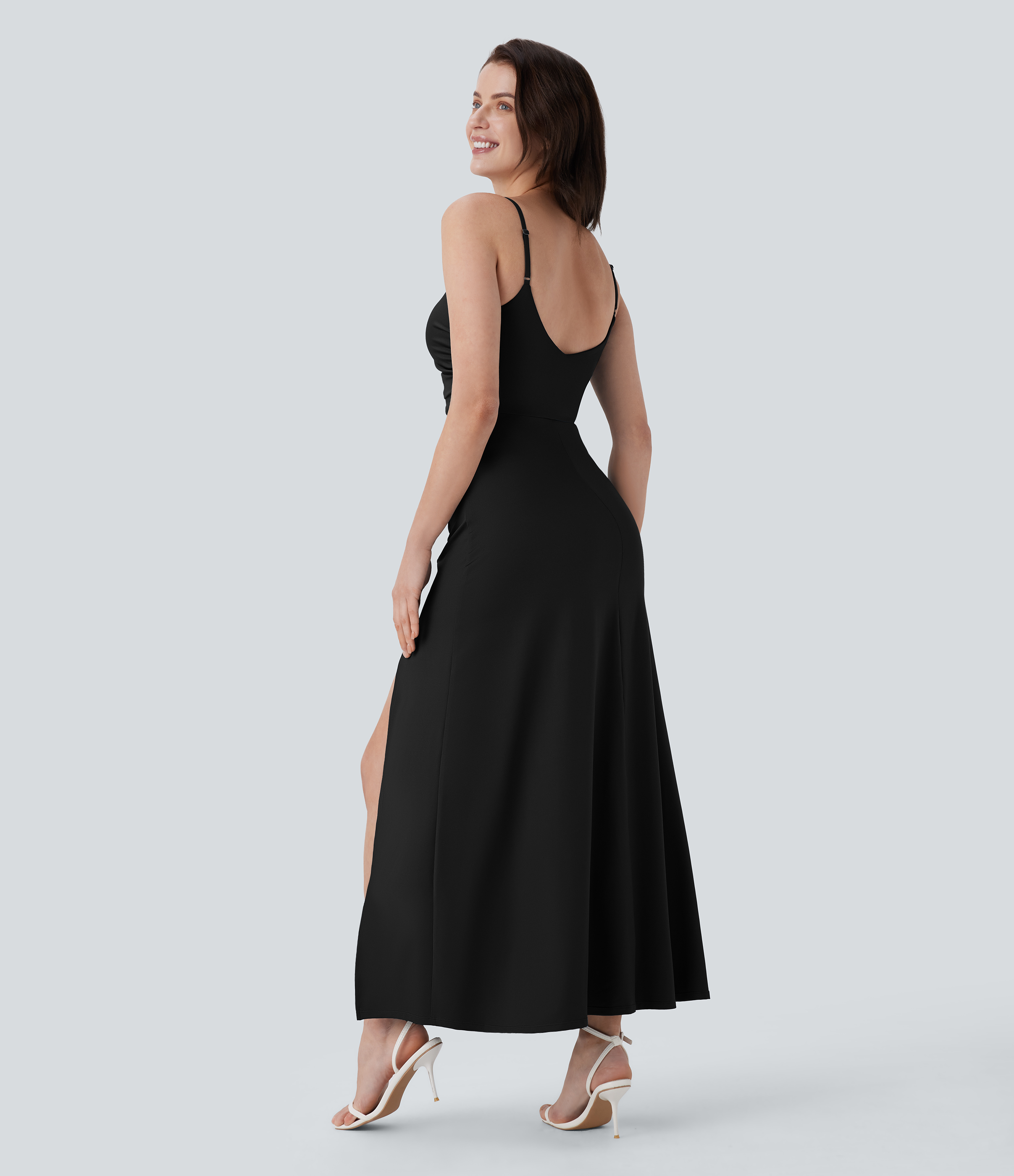 Halara Adjustable Strap Ruched Split Maxi Bridesmaid and Wedding Guest Dress Casual Dress - Black - M slip dress beach dress ruched dress 