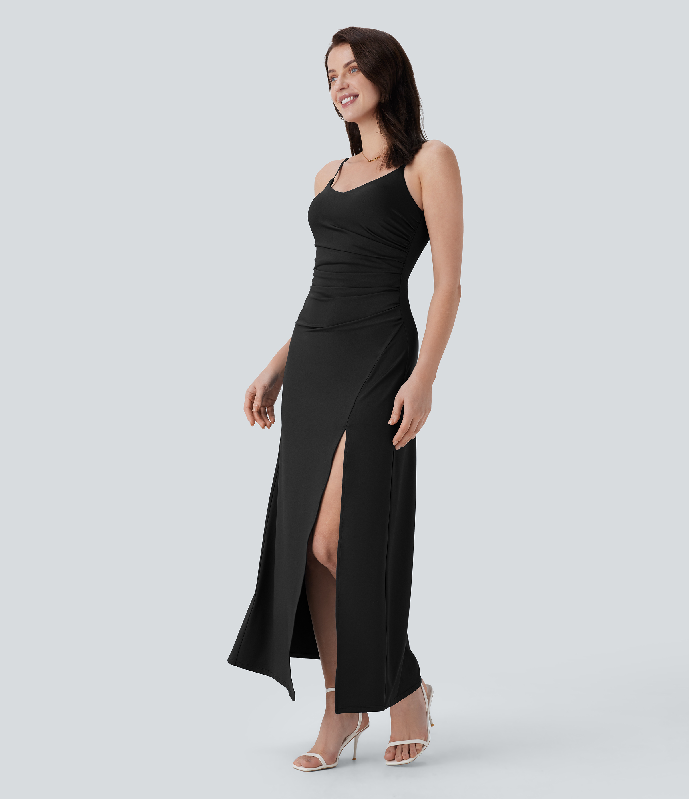 Halara Adjustable Strap Ruched Split Maxi Bridesmaid and Wedding Guest Dress Casual Dress - Black - M slip dress beach dress ruched dress 