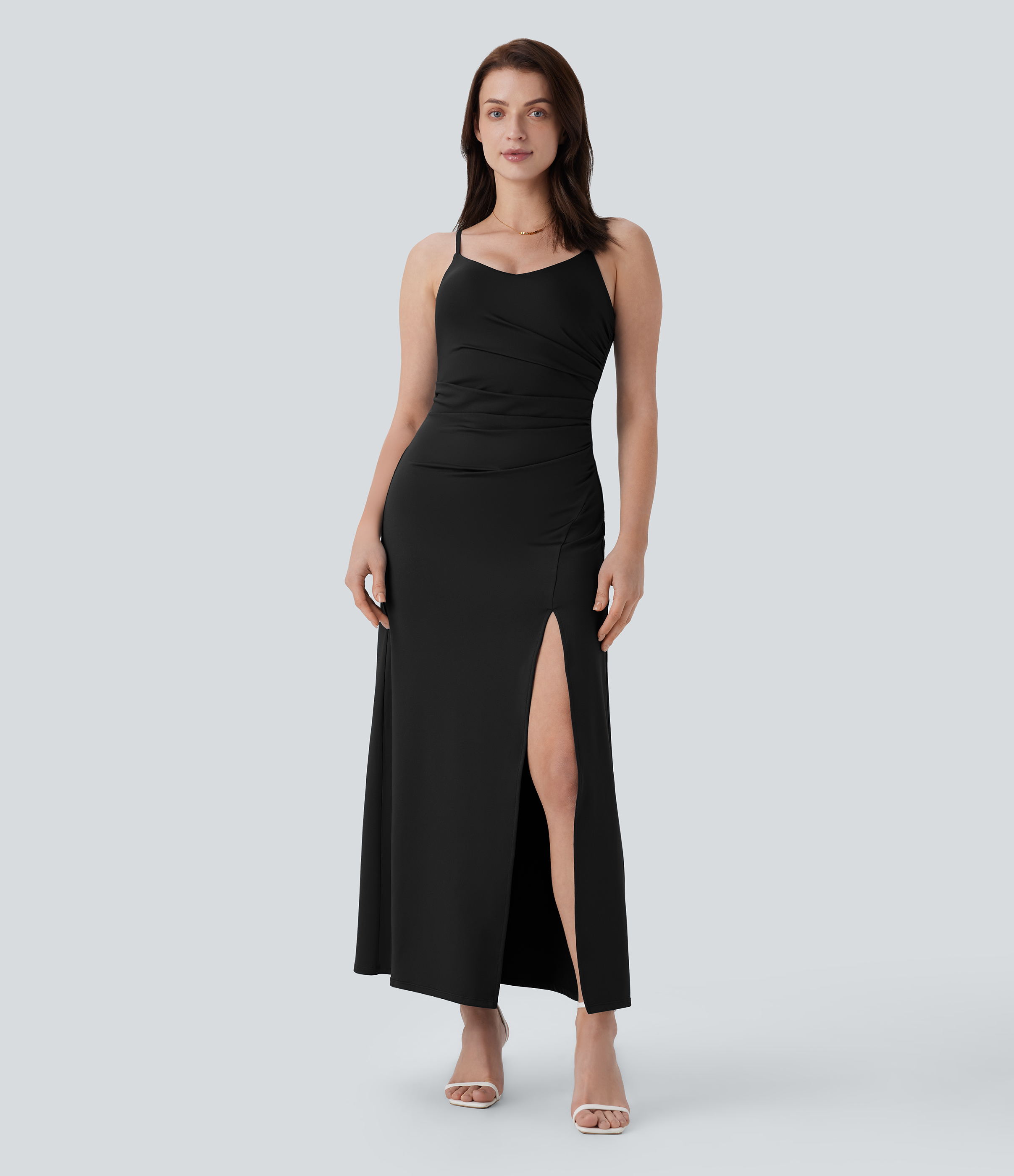 Halara Adjustable Strap Ruched Split Maxi Bridesmaid and Wedding Guest Dress Casual Dress - Black - M slip dress beach dress ruched dress 