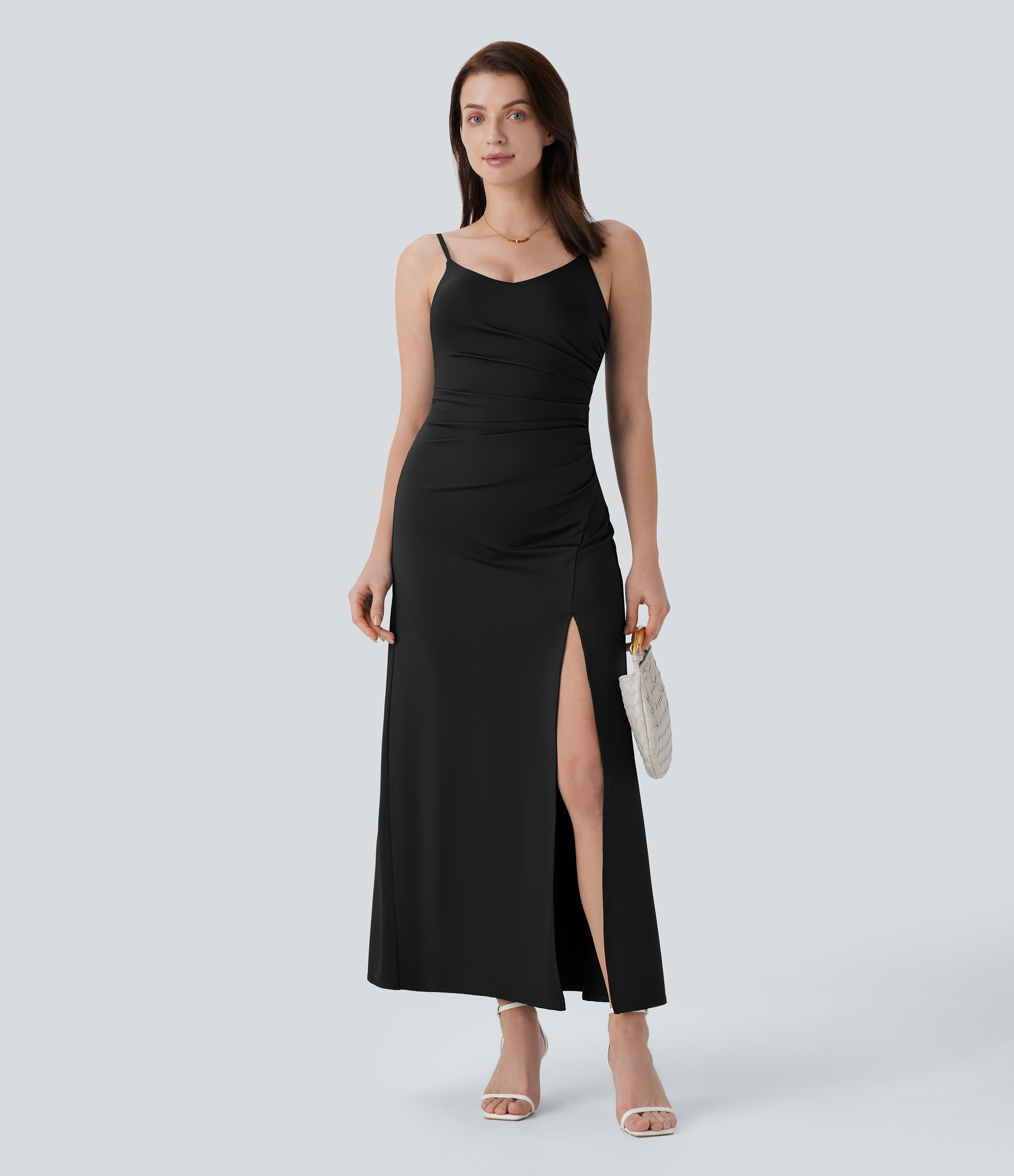 Halara Adjustable Strap Ruched Split Maxi Bridesmaid and Wedding Guest Dress Casual Dress - Black - M slip dress beach dress ruched dress 