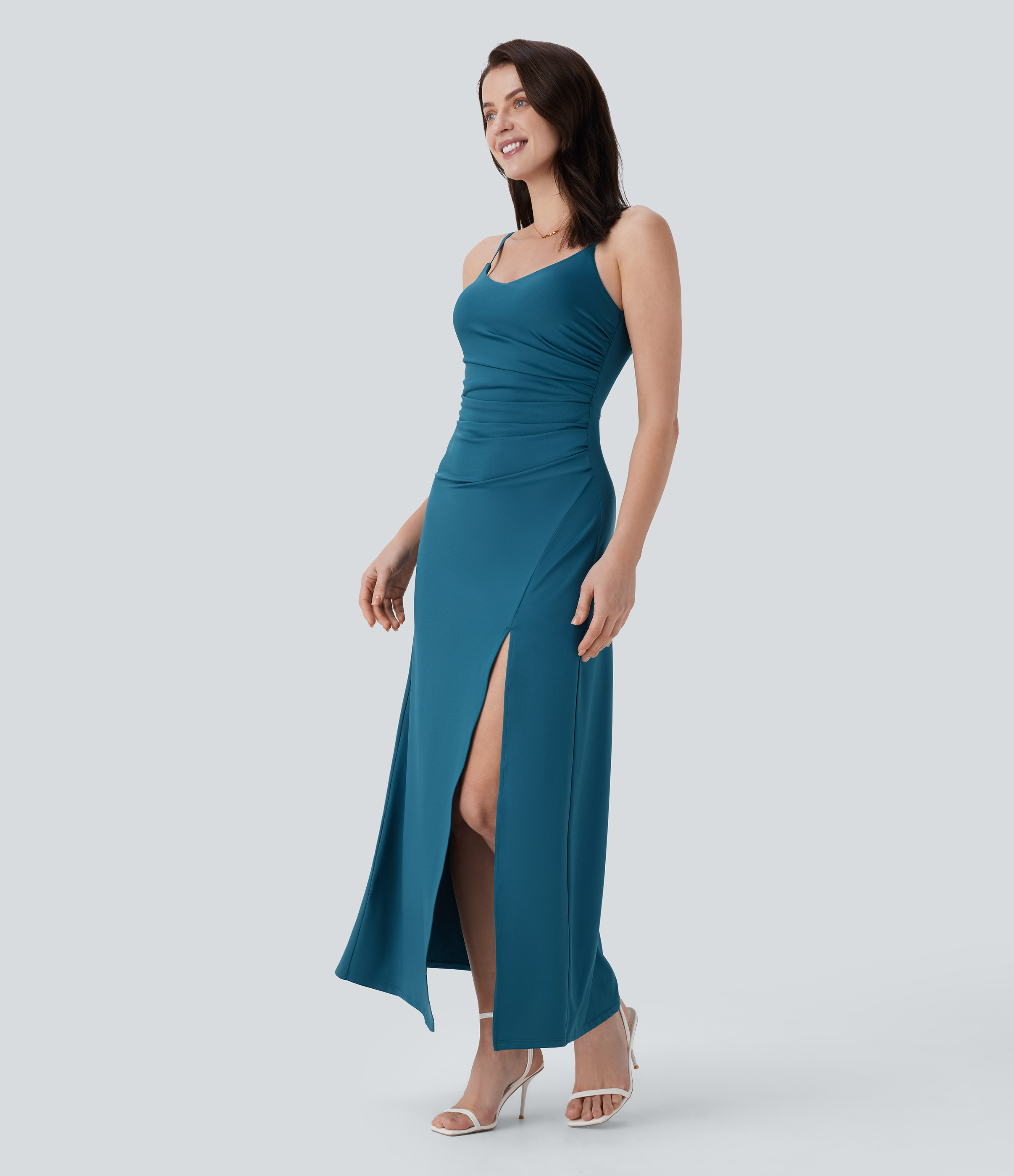 Halara Adjustable Strap Ruched Split Maxi Bridesmaid and Wedding Guest Dress Casual Dress - Balsam - XL slip dress beach dress ruched dress 