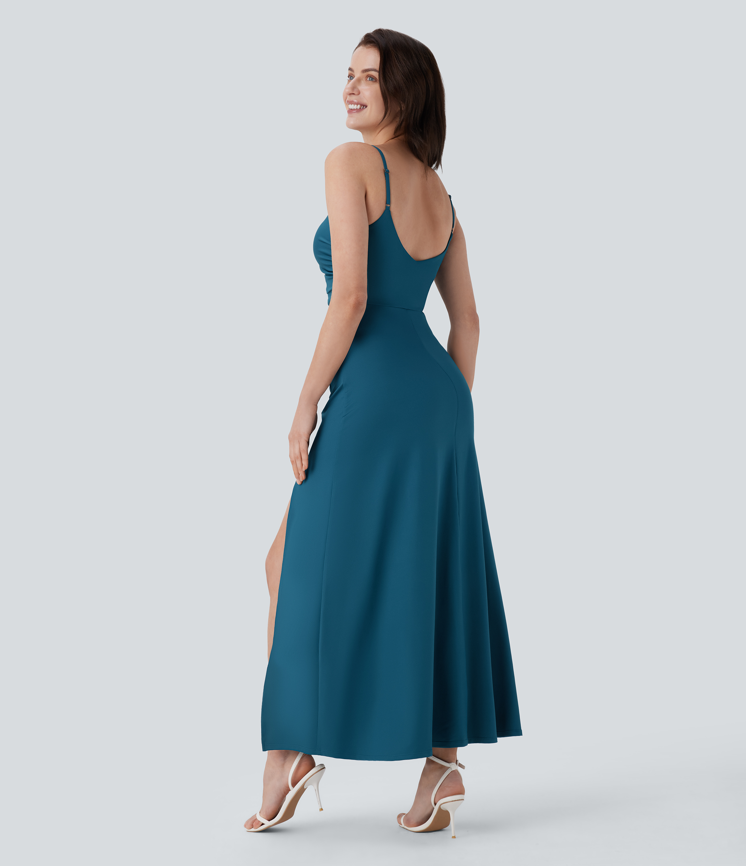 Halara Adjustable Strap Ruched Split Maxi Bridesmaid and Wedding Guest Dress Casual Dress - Balsam - XL slip dress beach dress ruched dress 