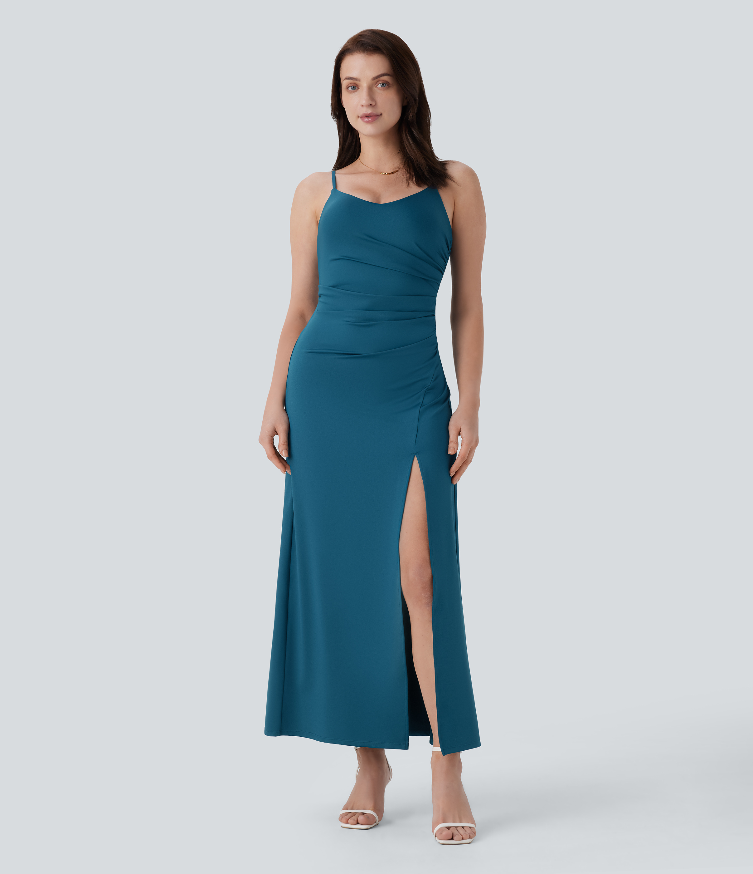 Halara Adjustable Strap Ruched Split Maxi Bridesmaid and Wedding Guest Dress Casual Dress - Balsam - XL slip dress beach dress ruched dress 