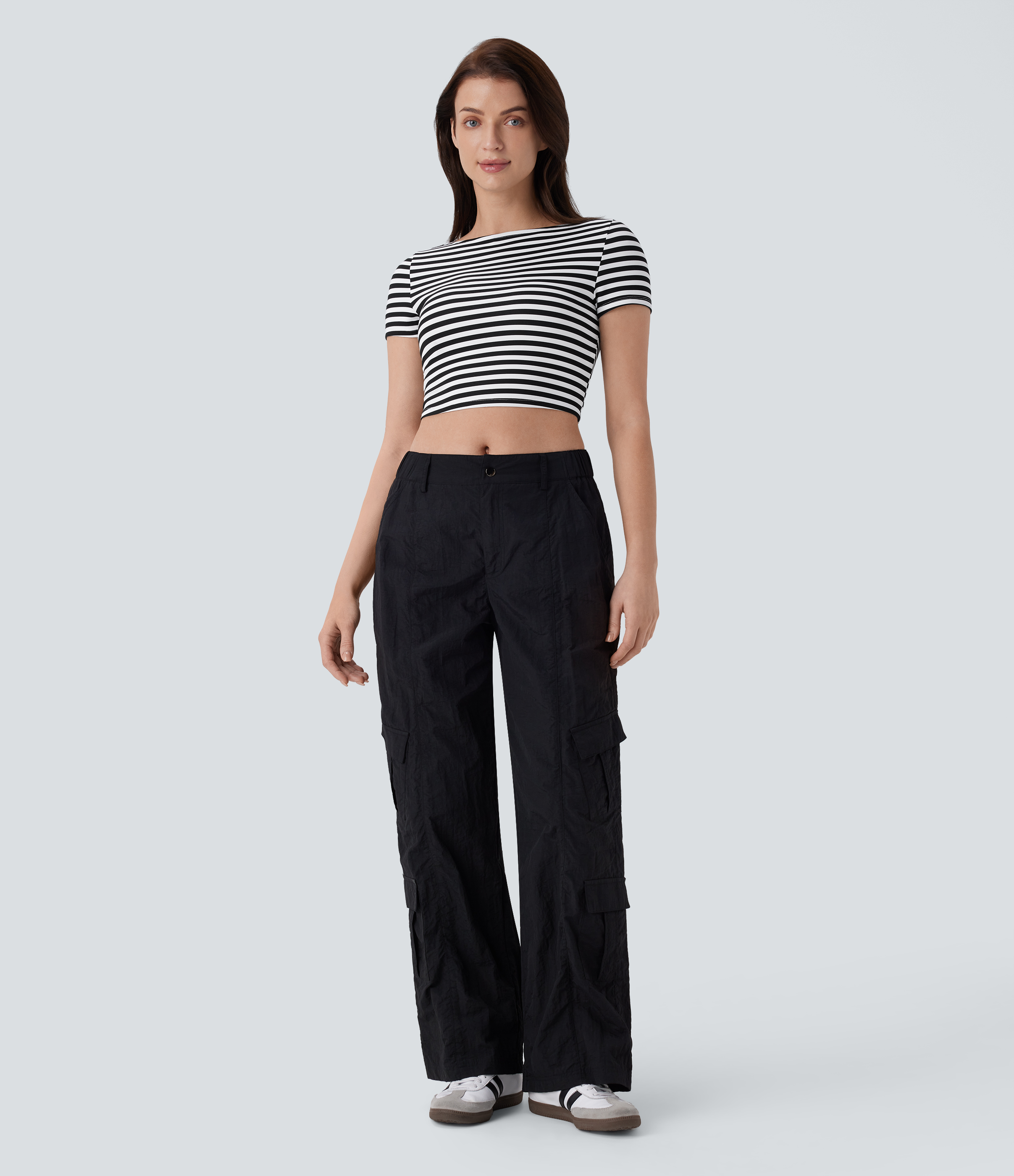 Halara Boat Neck Stripe Slim Cropped Waffle Work Tee  - Black White Horizontal Stripe - XL 