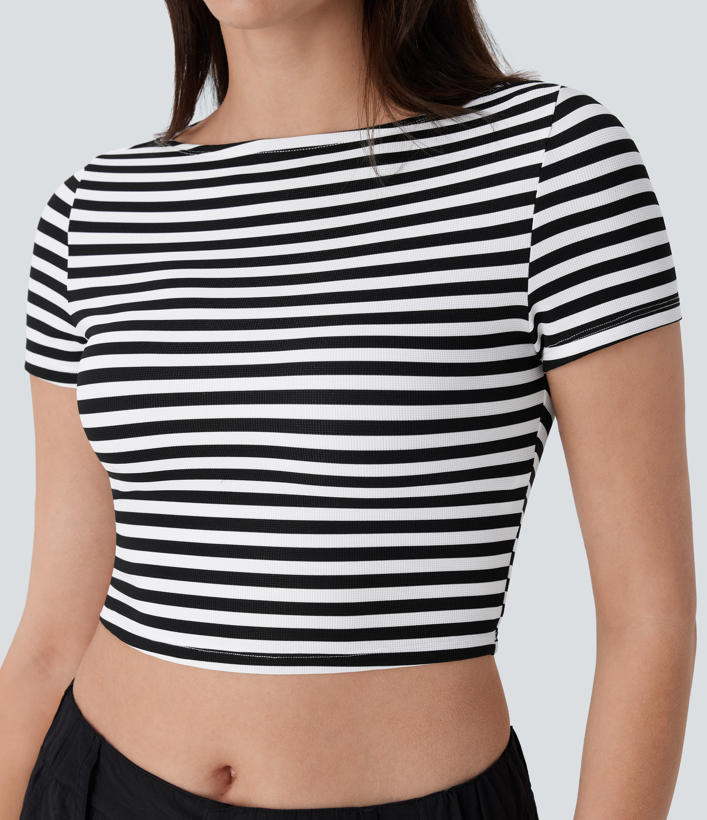 Halara Boat Neck Stripe Slim Cropped Waffle Work Tee  - Black White Horizontal Stripe - XL 