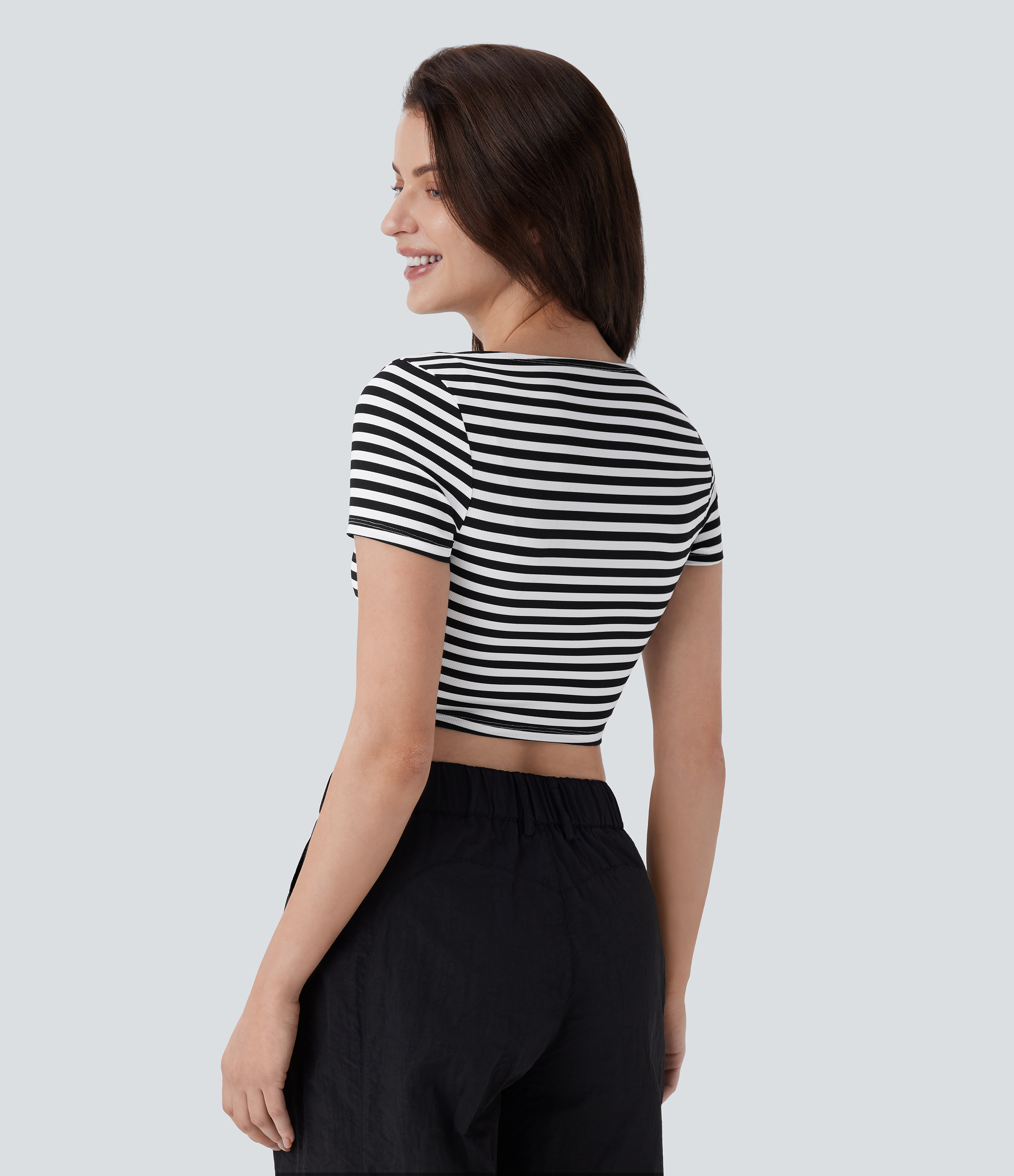 Halara Boat Neck Stripe Slim Cropped Waffle Work Tee  - Black White Horizontal Stripe - XL 