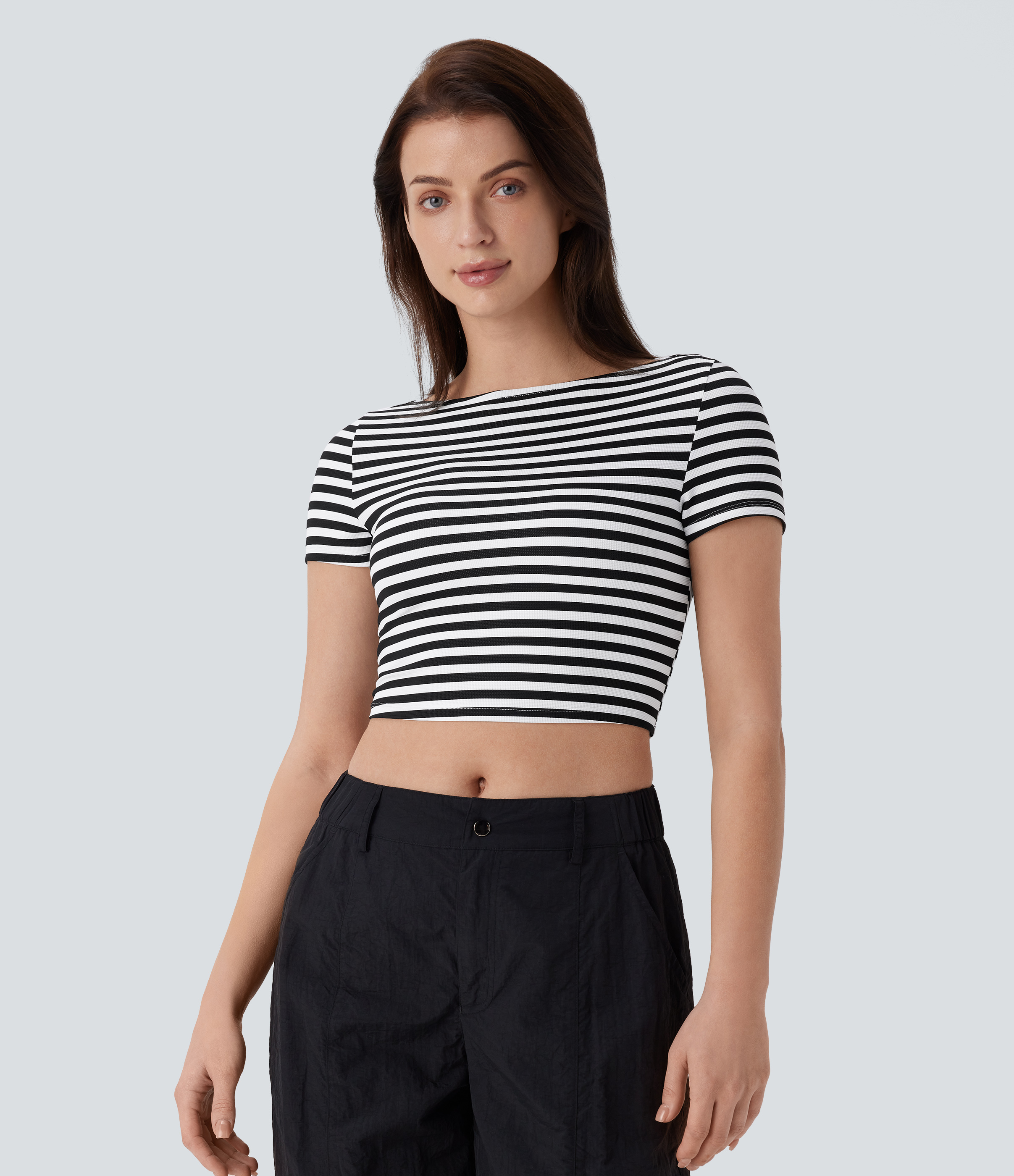 Halara Boat Neck Stripe Slim Cropped Waffle Work Tee  - Black White Horizontal Stripe - XL 