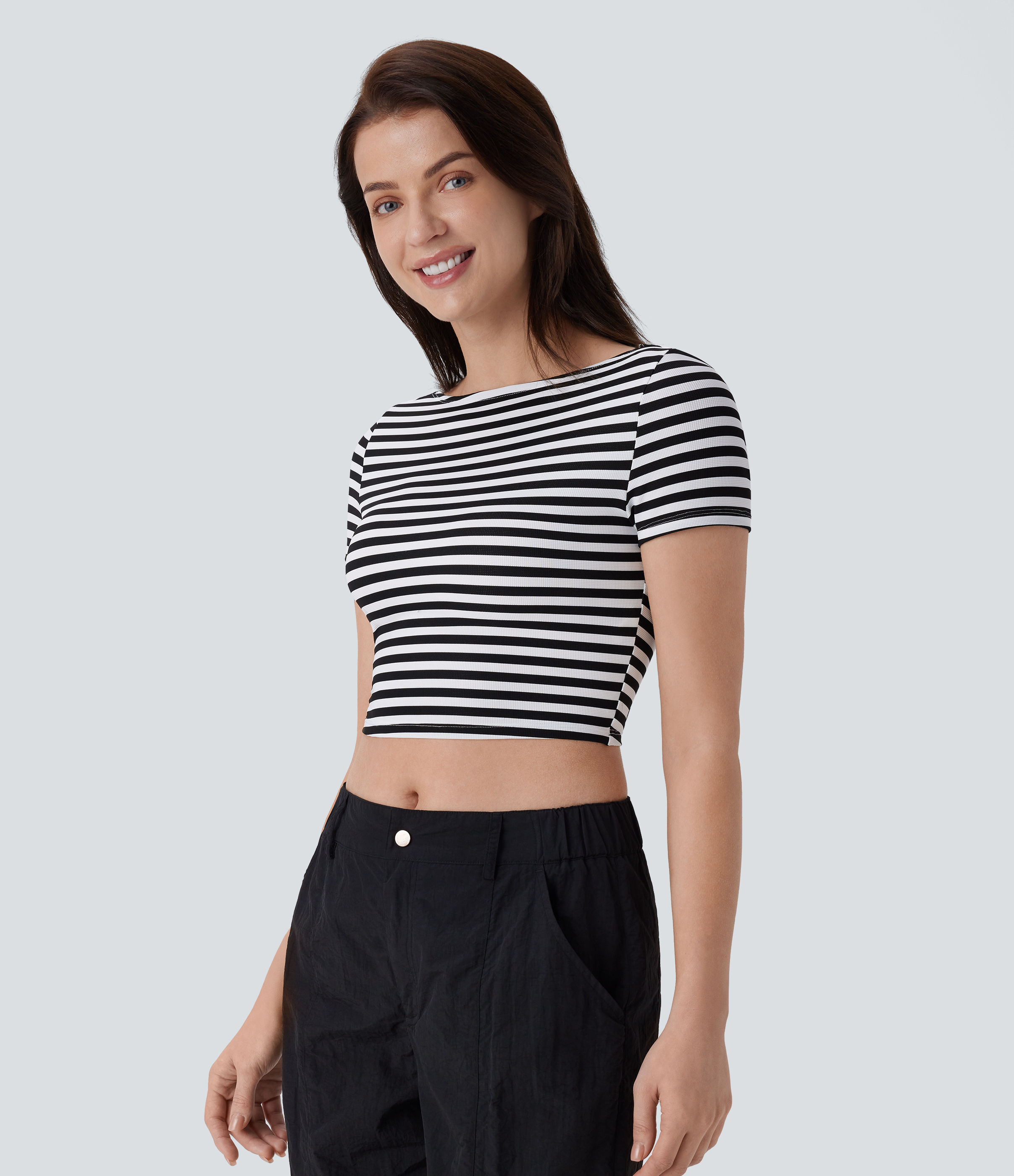 Halara Boat Neck Stripe Slim Cropped Waffle Work Tee  - Black White Horizontal Stripe - XL 
