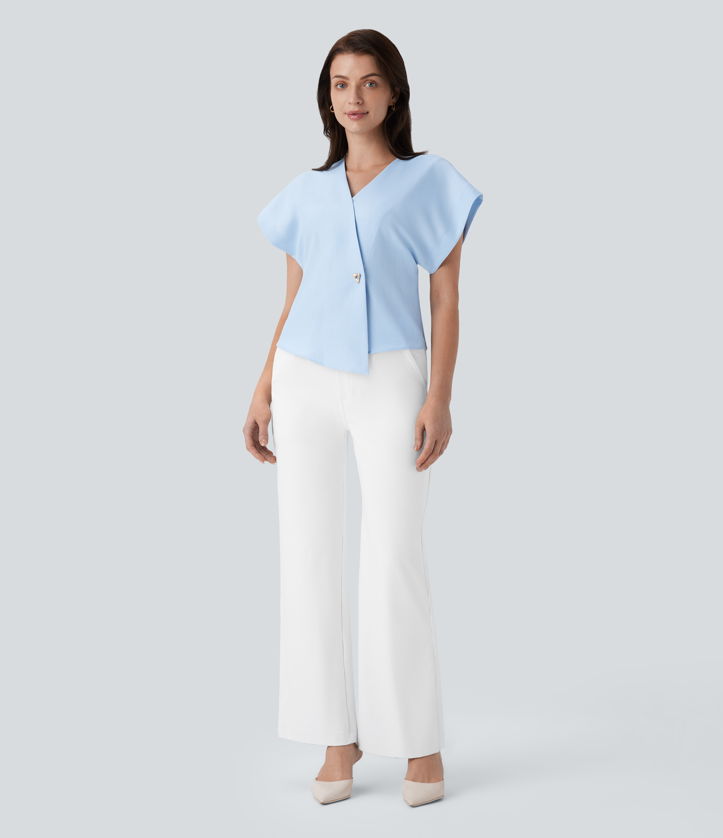 Halara Crossover V Neck Batwing Sleeve Snap Button Work Top Tank Top - Ice Water - XS golf tops halter top tunic tops sleeveless tops 
