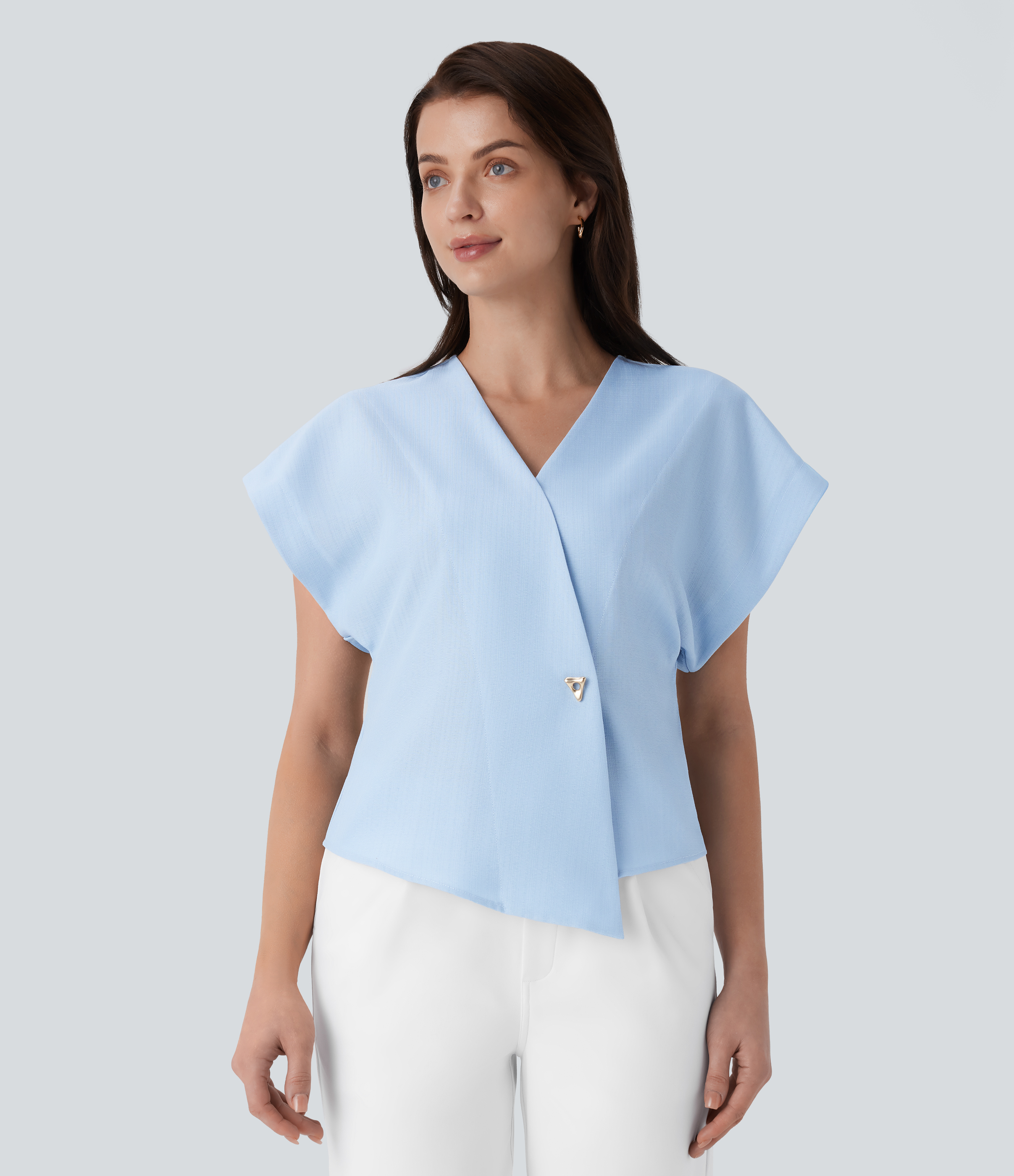Halara Crossover V Neck Batwing Sleeve Snap Button Work Top Tank Top - Ice Water - XS golf tops halter top tunic tops sleeveless tops 