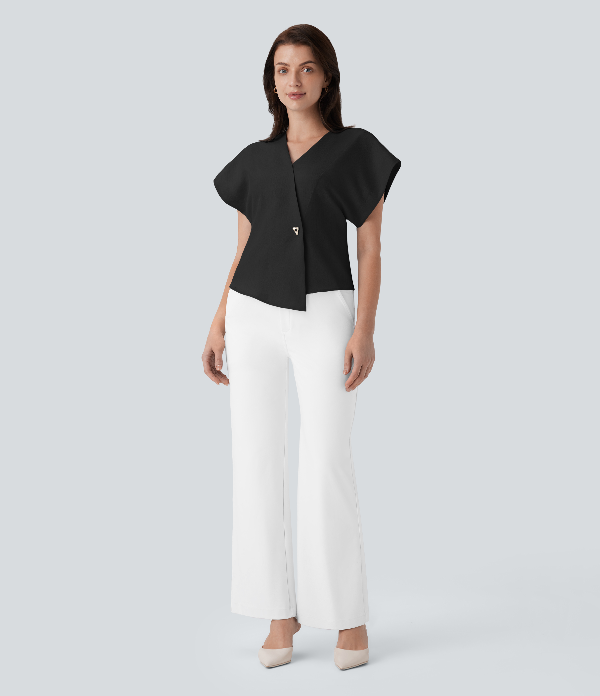 Halara Crossover V Neck Batwing Sleeve Snap Button Work Top Tank Top - Black - S golf tops halter top tunic tops sleeveless tops backless top 