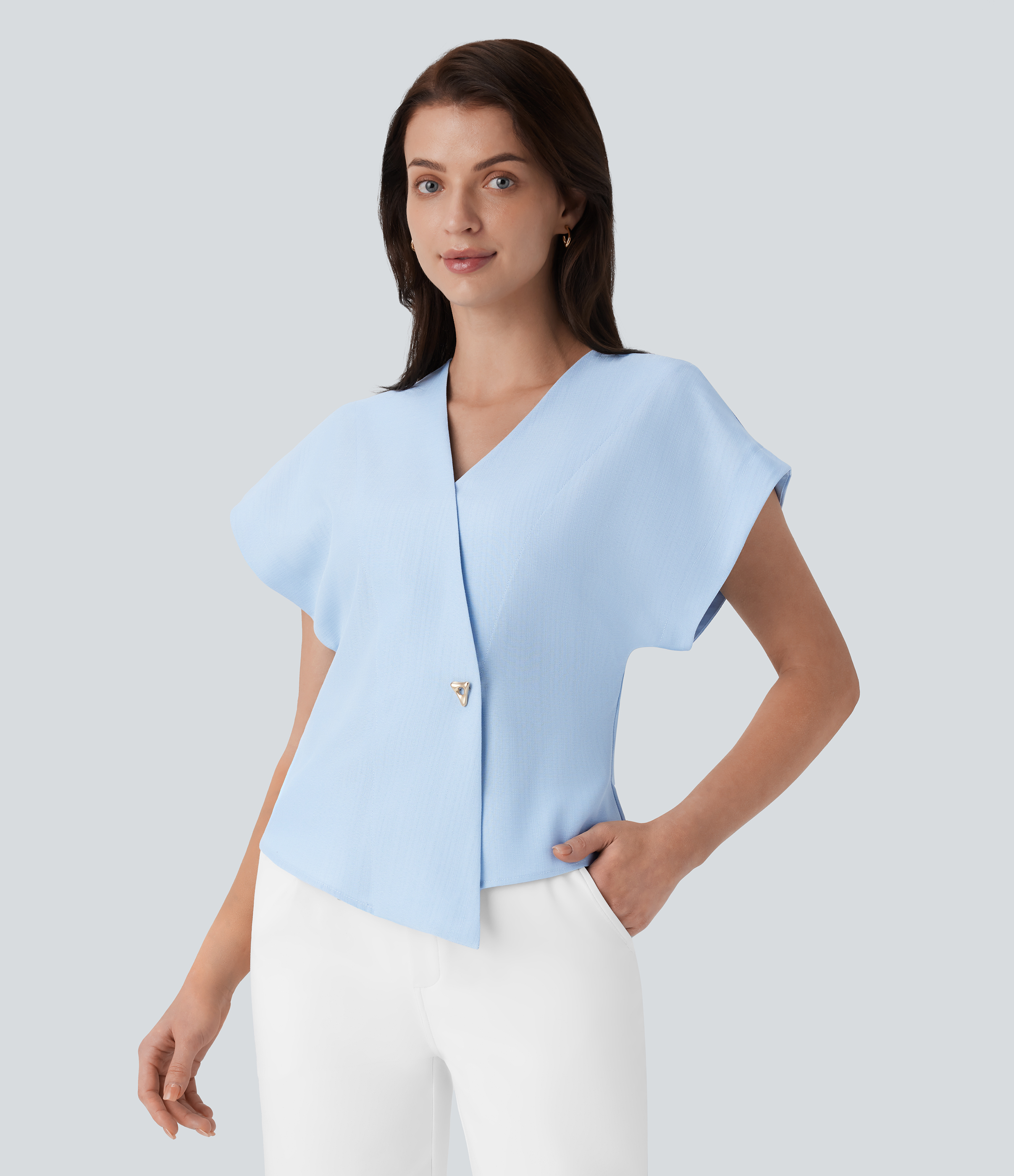 Halara Crossover V Neck Batwing Sleeve Snap Button Work Top Tank Top - Ice Water - XS golf tops halter top tunic tops sleeveless tops 