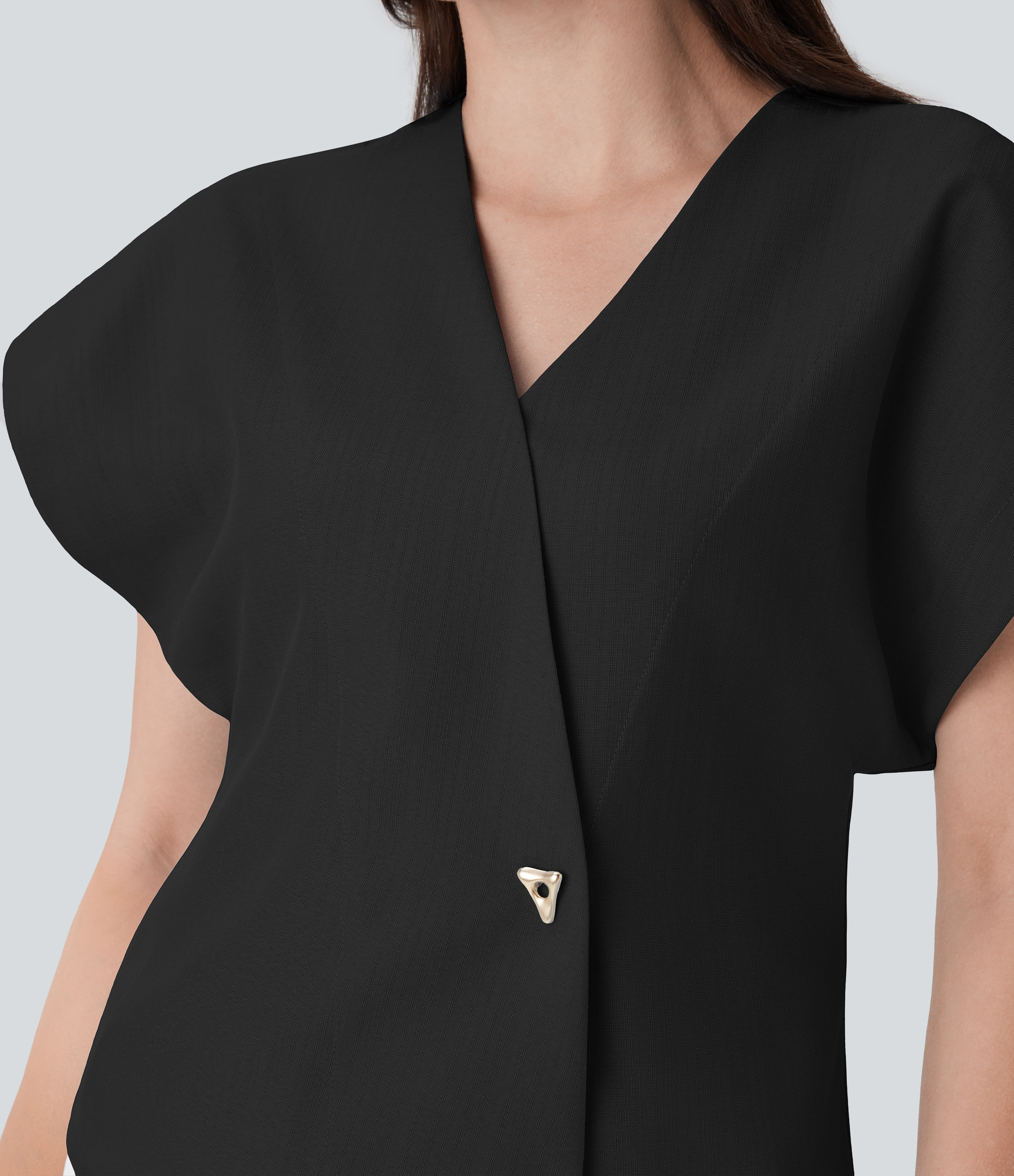 Halara Crossover V Neck Batwing Sleeve Snap Button Work Top Tank Top - Black - S golf tops halter top tunic tops sleeveless tops backless top 