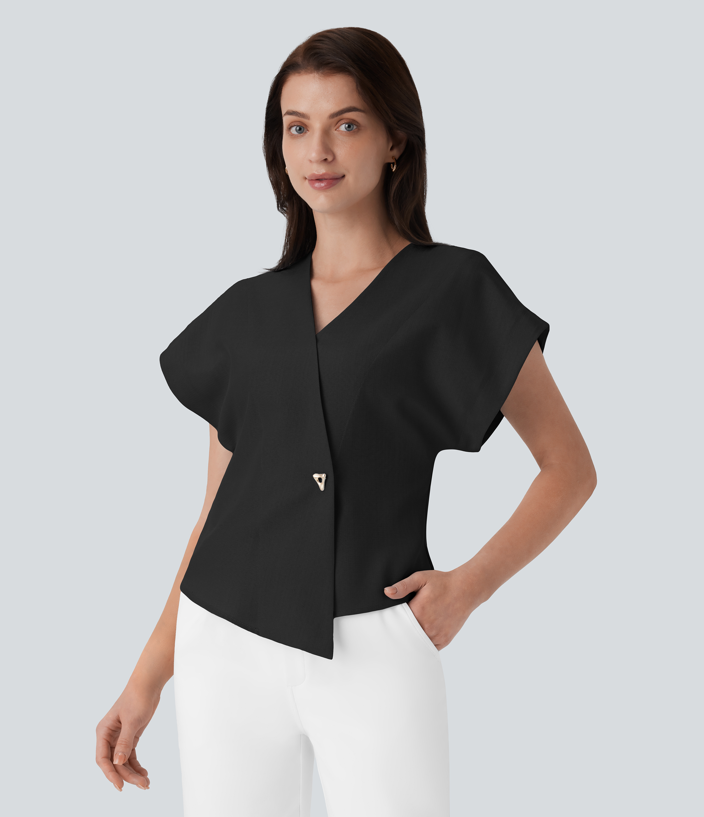 Halara Crossover V Neck Batwing Sleeve Snap Button Work Top Tank Top - Black - S golf tops halter top tunic tops sleeveless tops backless top 