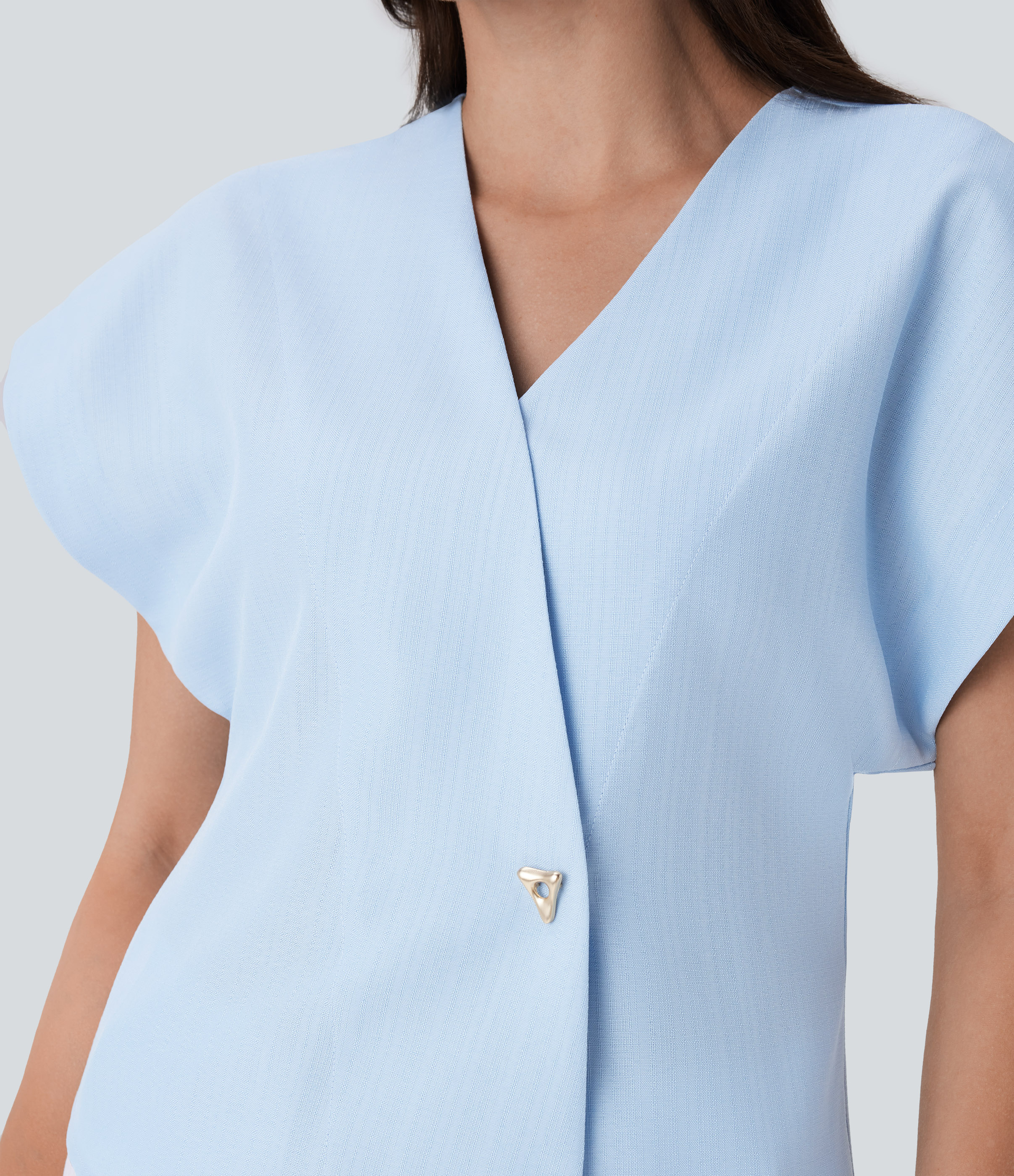 Halara Crossover V Neck Batwing Sleeve Snap Button Work Top Tank Top - Ice Water - XS golf tops halter top tunic tops sleeveless tops 