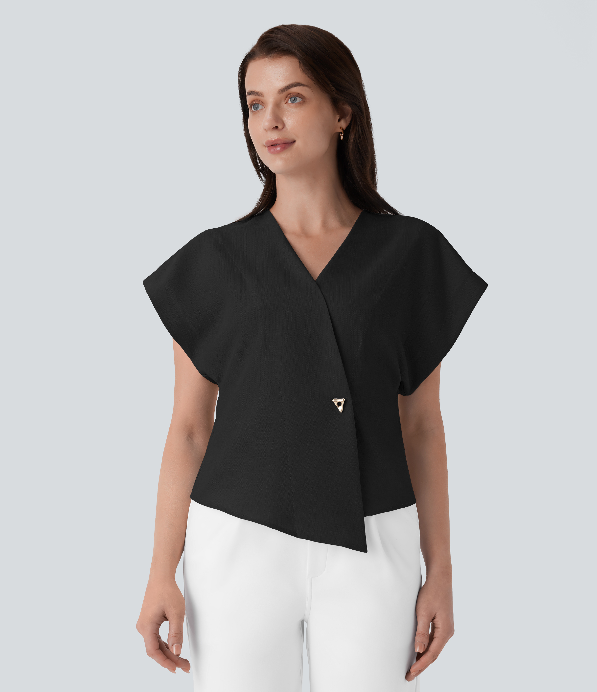 Halara Crossover V Neck Batwing Sleeve Snap Button Work Top Tank Top - Black - S golf tops halter top tunic tops sleeveless tops backless top 