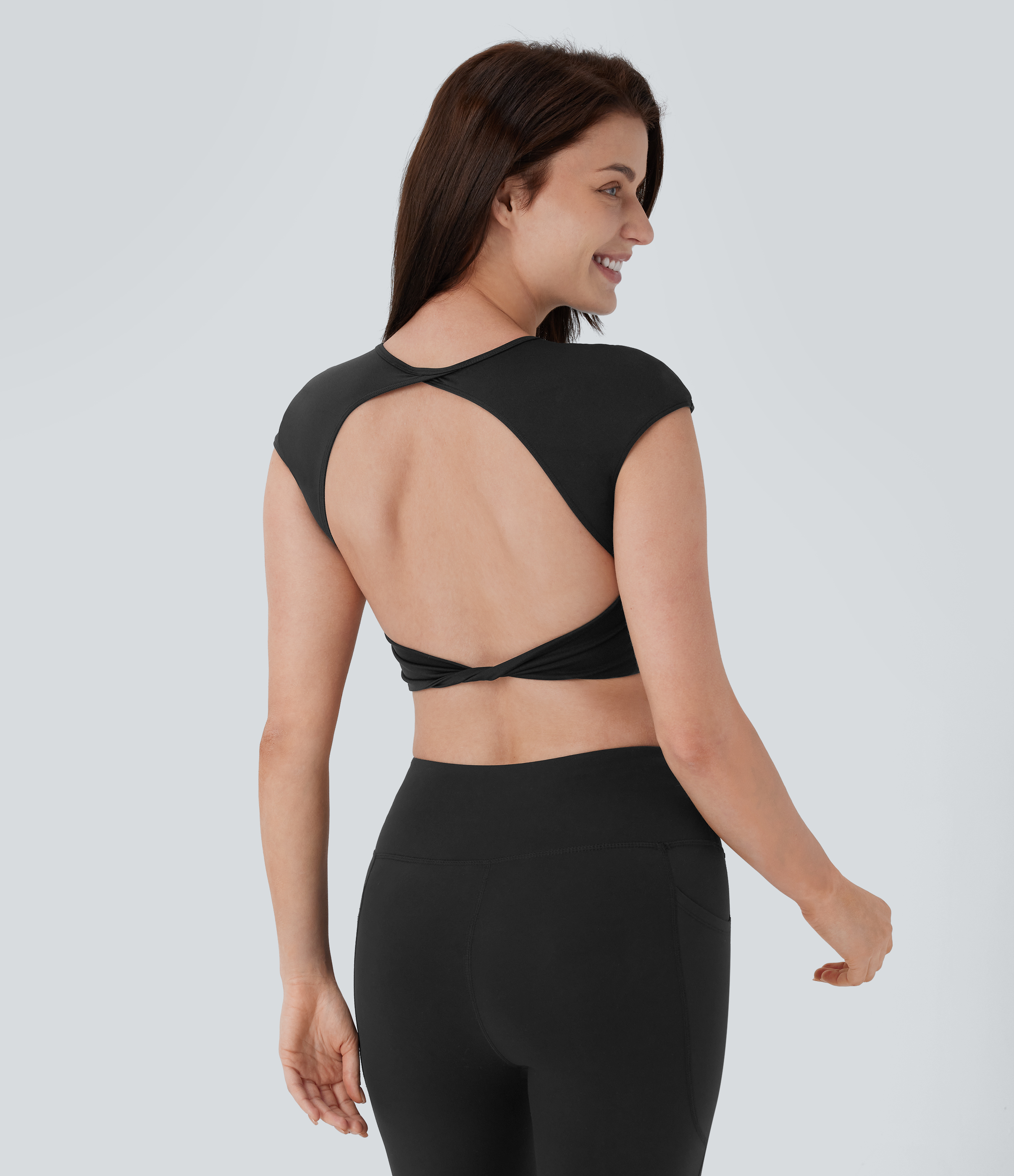 Halara Softlyzeroв„ў Airy Backless Twisted Cropped Skinny Cool Touch Yoga Tank Top Tank Top - Black - L golf tops halter top tunic tops 