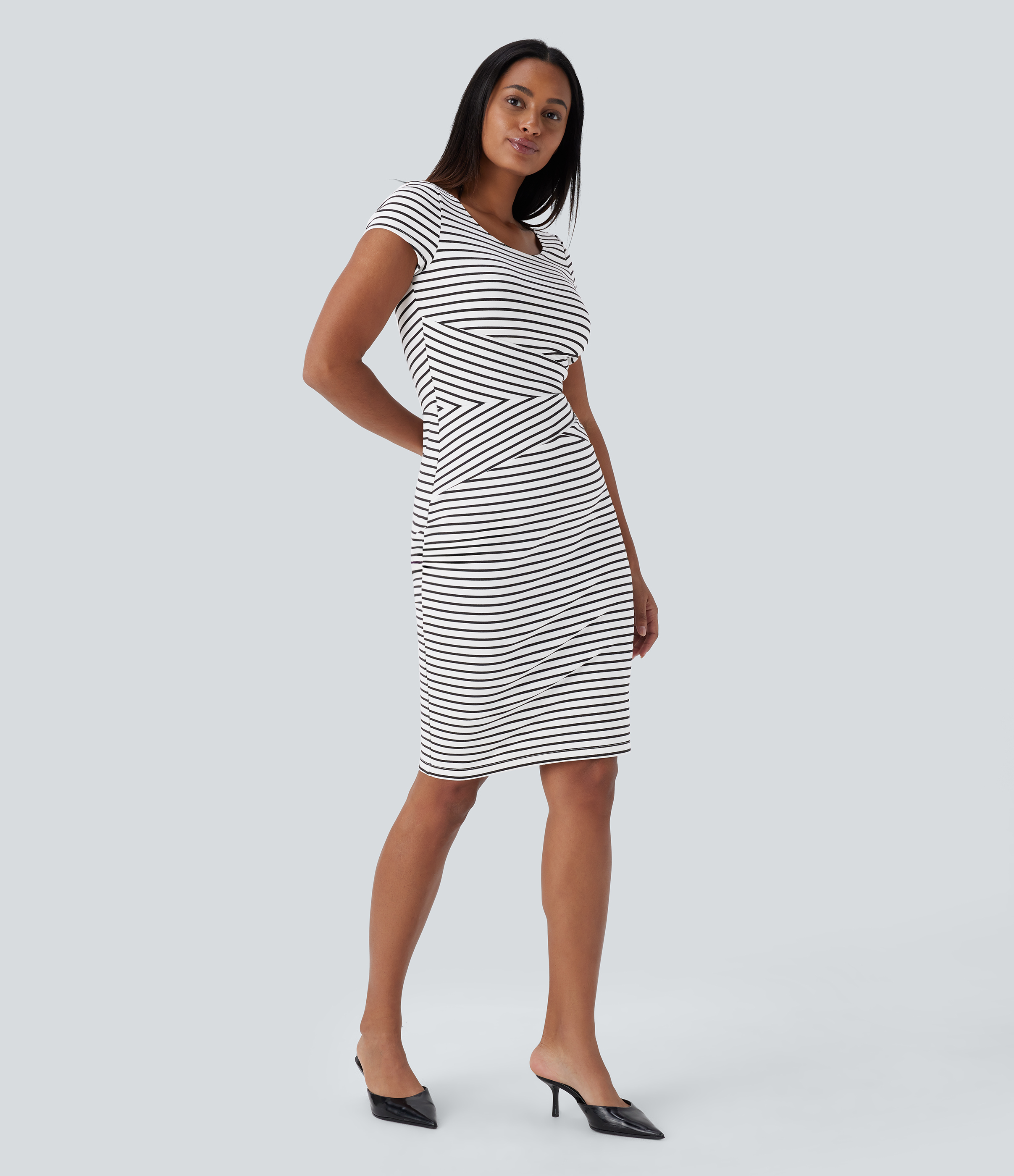 Halara Round Neck Stripe Bodycon Casual Dress Casual Dress - White Black Horizontal Stripe - M slip dress beach dress ruched dress 